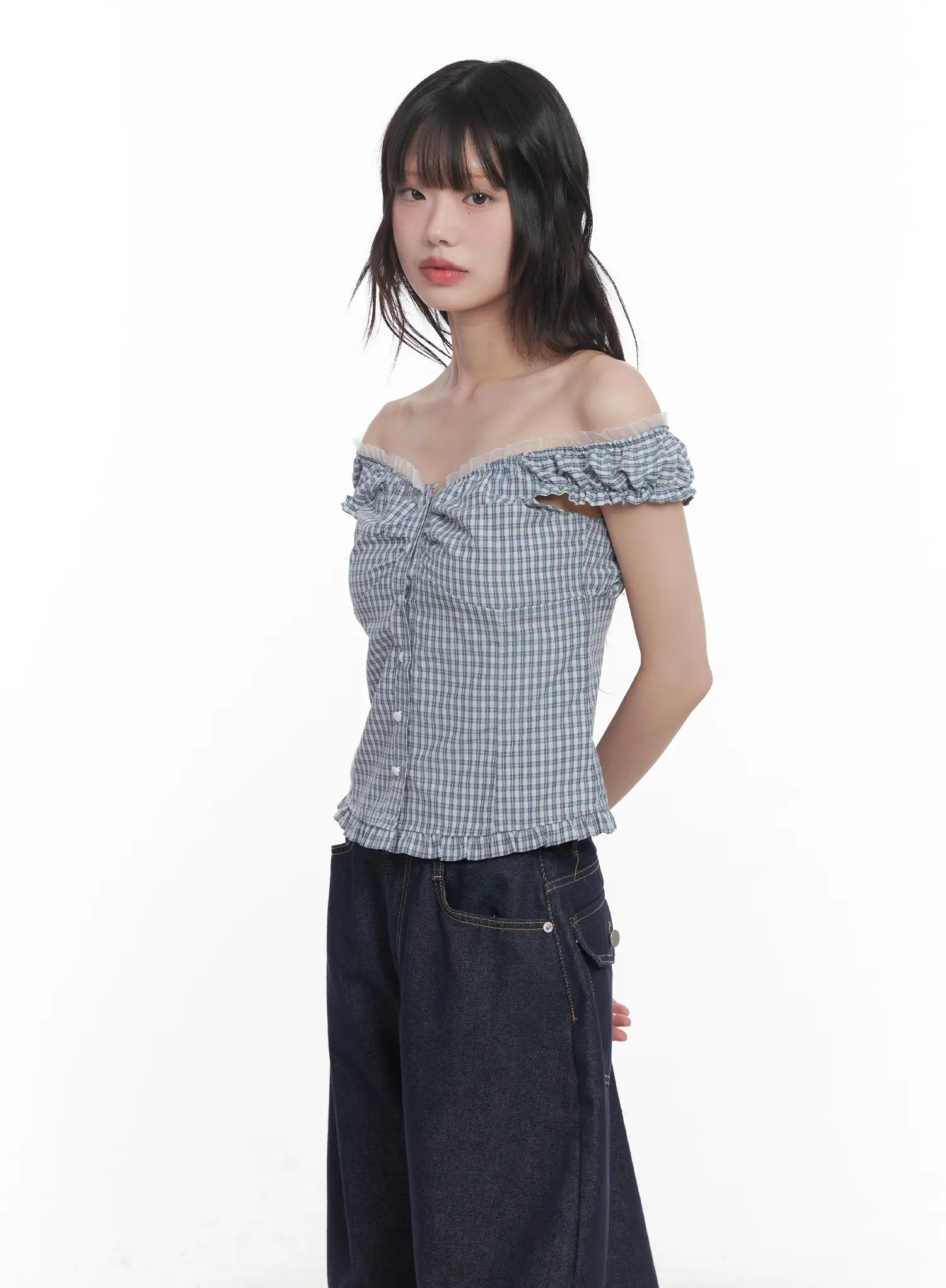 Plaid Frill Off-Shoulder Top CU519 - Image 11