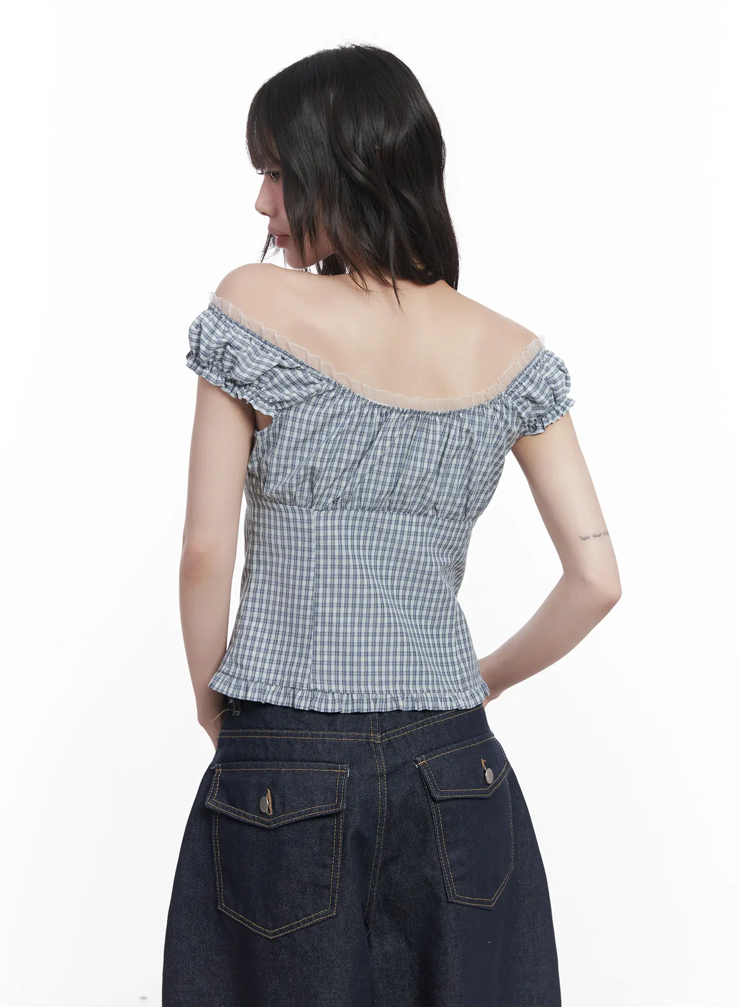 Plaid Frill Off-Shoulder Top CU519 - Image 8