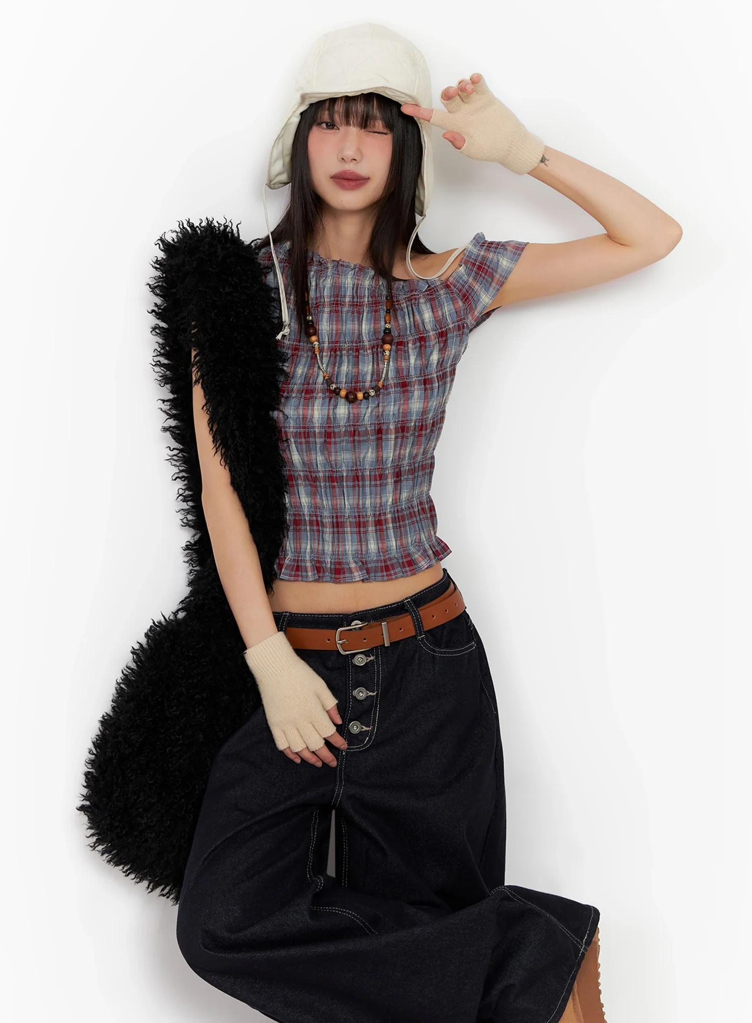 Plaid Off-Shoulder Blouse IN503 - Image 12