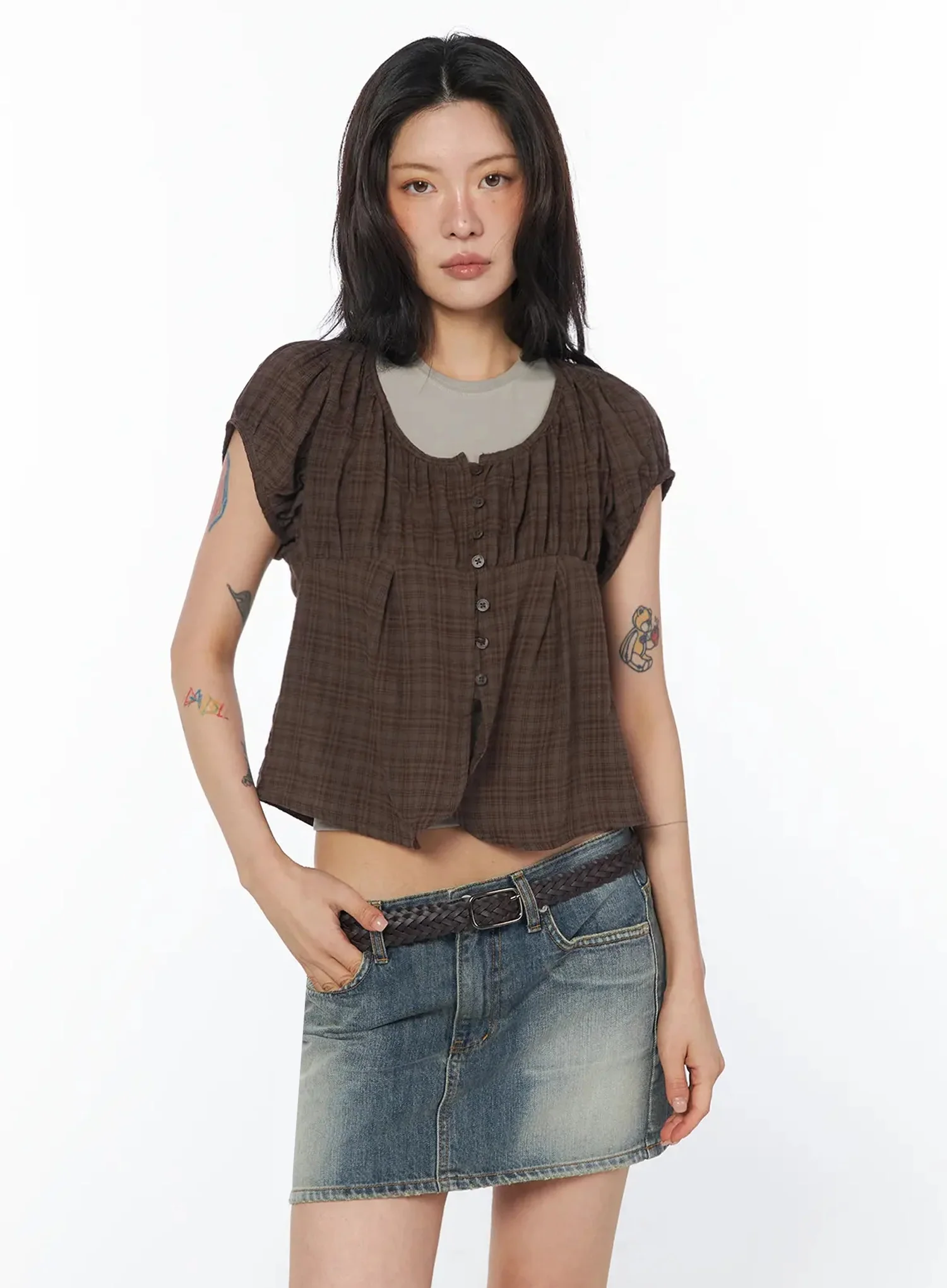 Plaid Puff Sleeve Blouse IU509 - Image 7