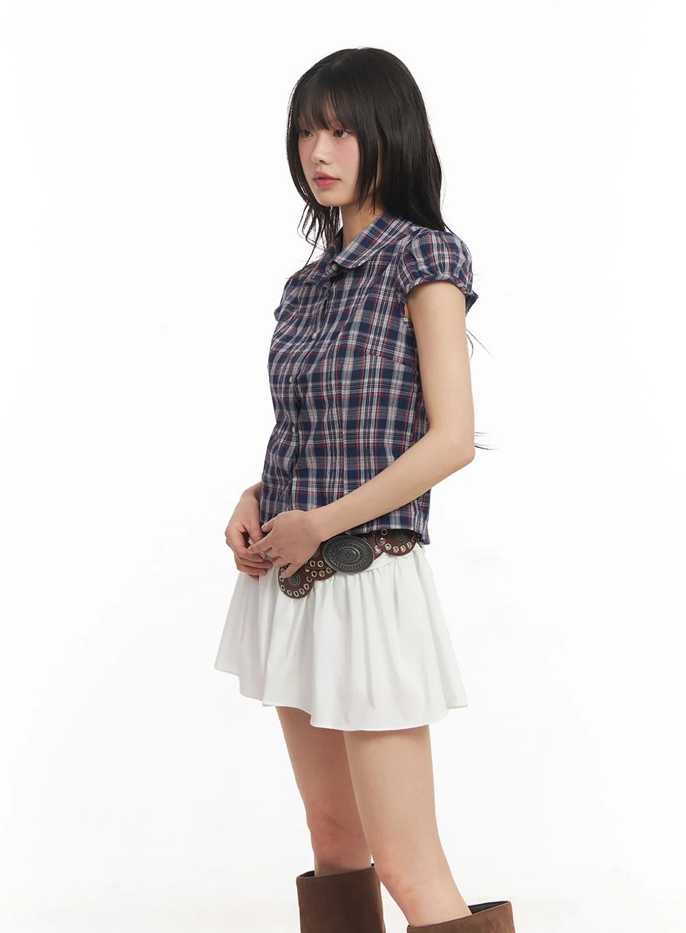 Plaid Puff Sleeve Cropped Shirt CA523 - Image 3