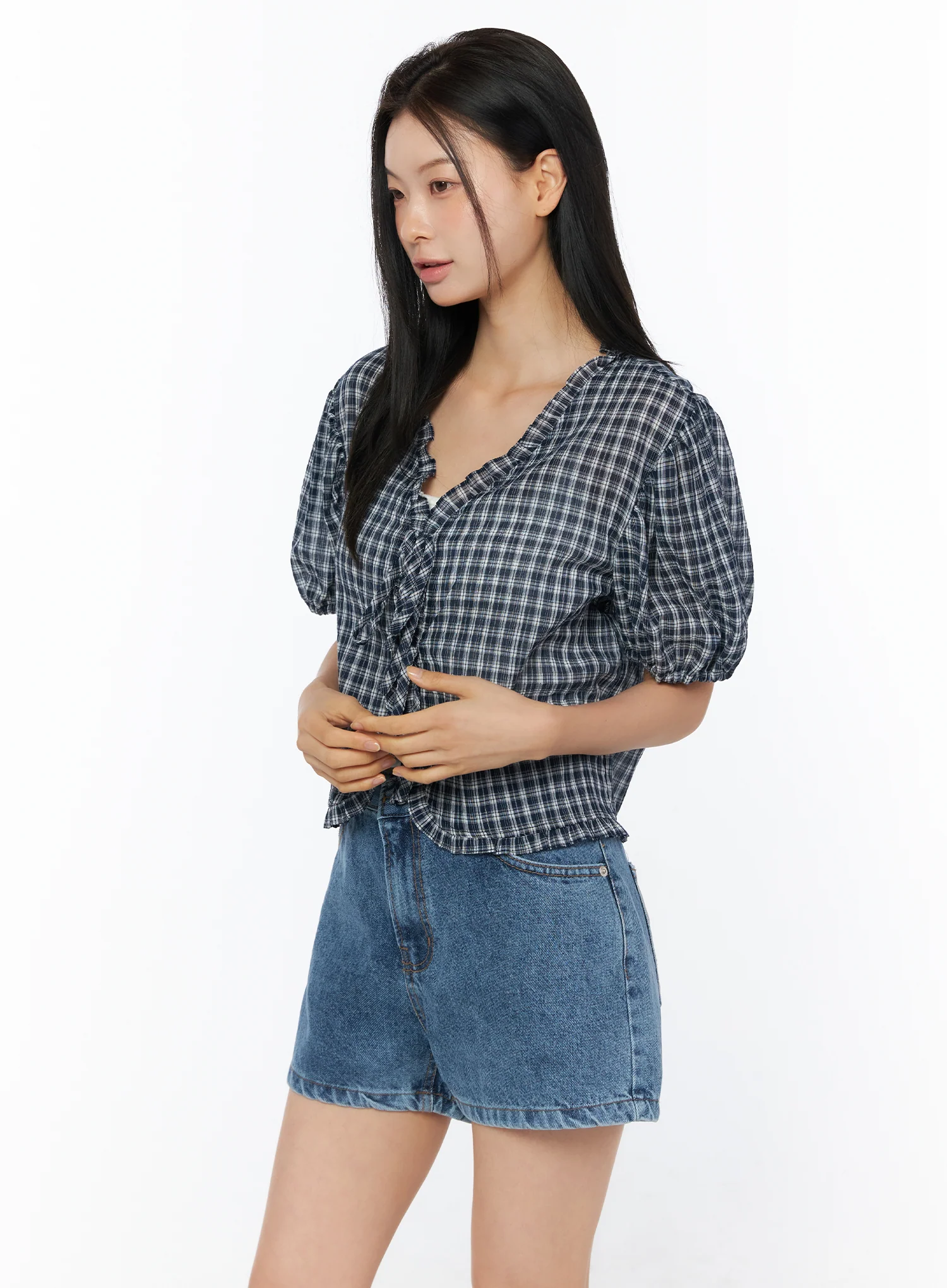 Plaid Ribbon Tie Short Sleeve Cardigan Blouse IU519 - Image 2