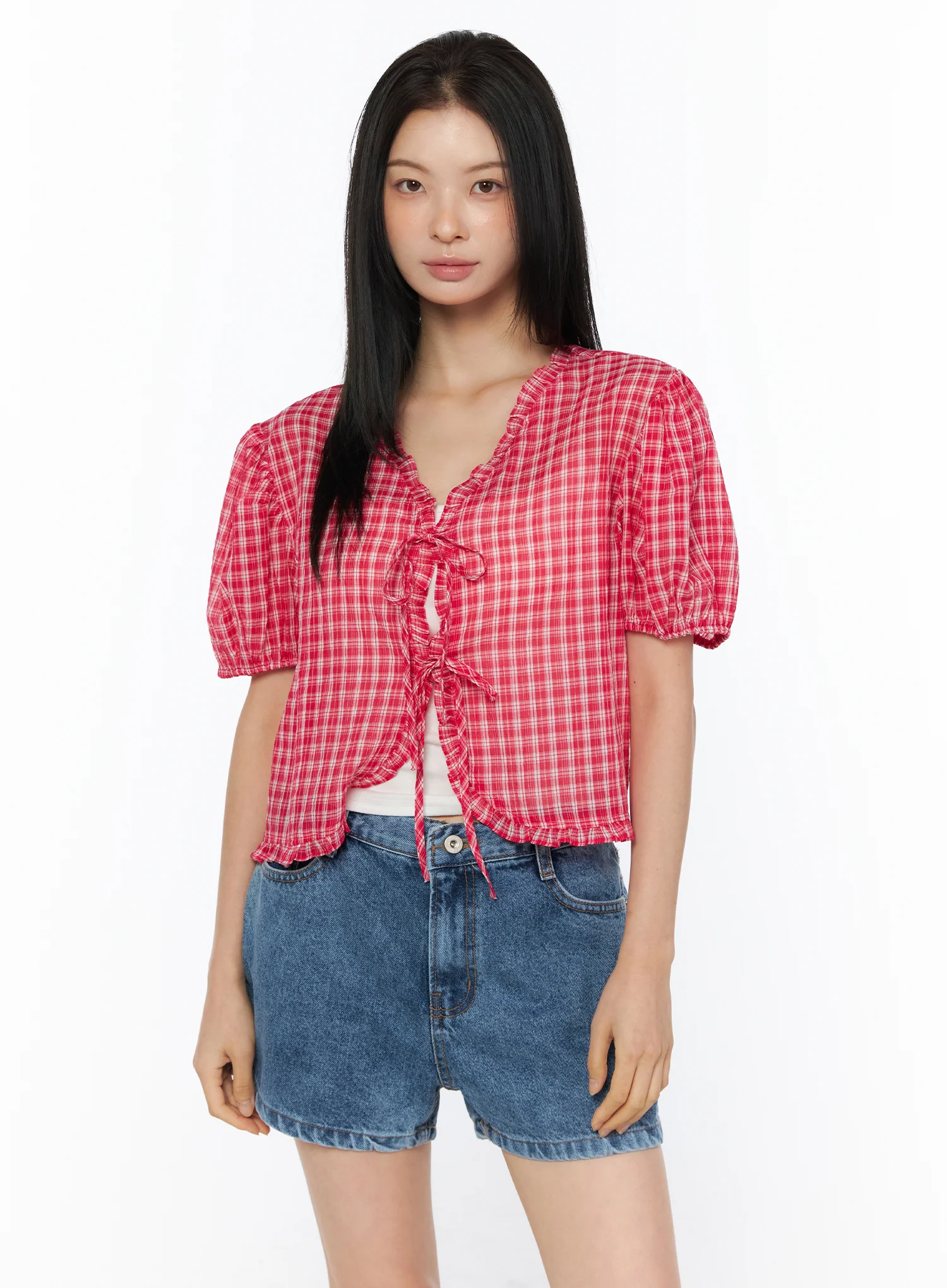 Plaid Ribbon Tie Short Sleeve Cardigan Blouse IU519 - Image 3