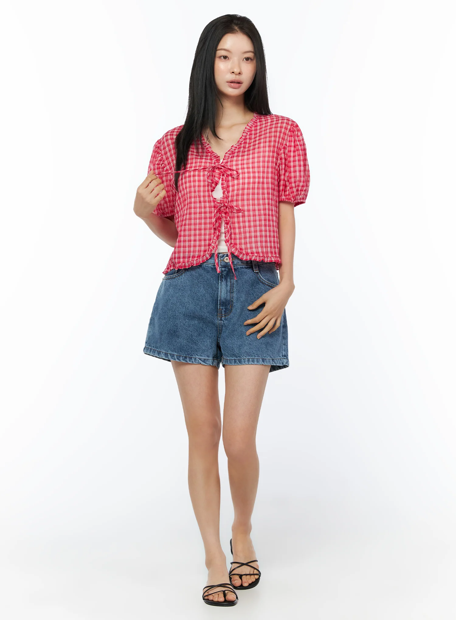 Plaid Ribbon Tie Short Sleeve Cardigan Blouse IU519 - Image 4
