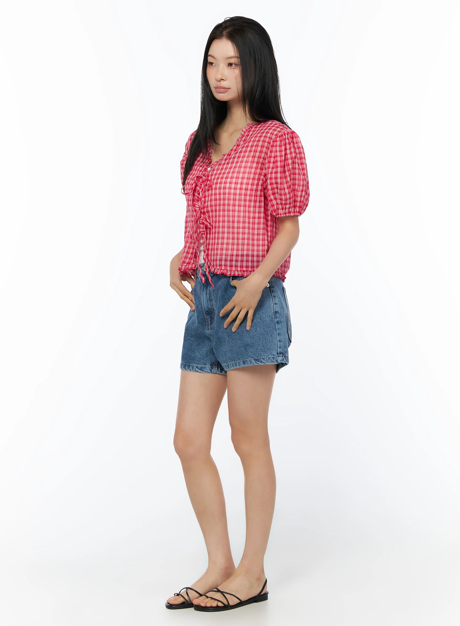 Plaid Ribbon Tie Short Sleeve Cardigan Blouse IU519 - Image 5