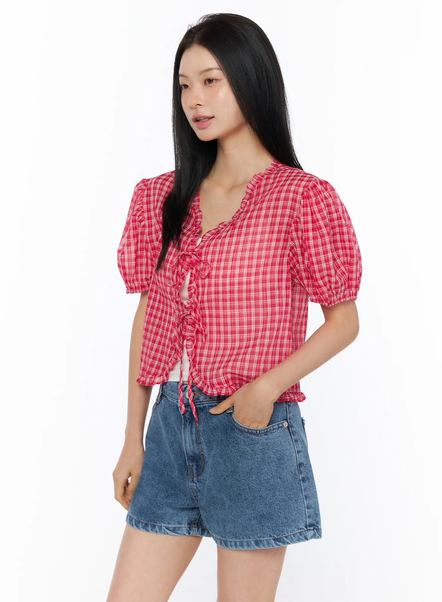 Plaid Ribbon Tie Short Sleeve Cardigan Blouse IU519 - Image 7
