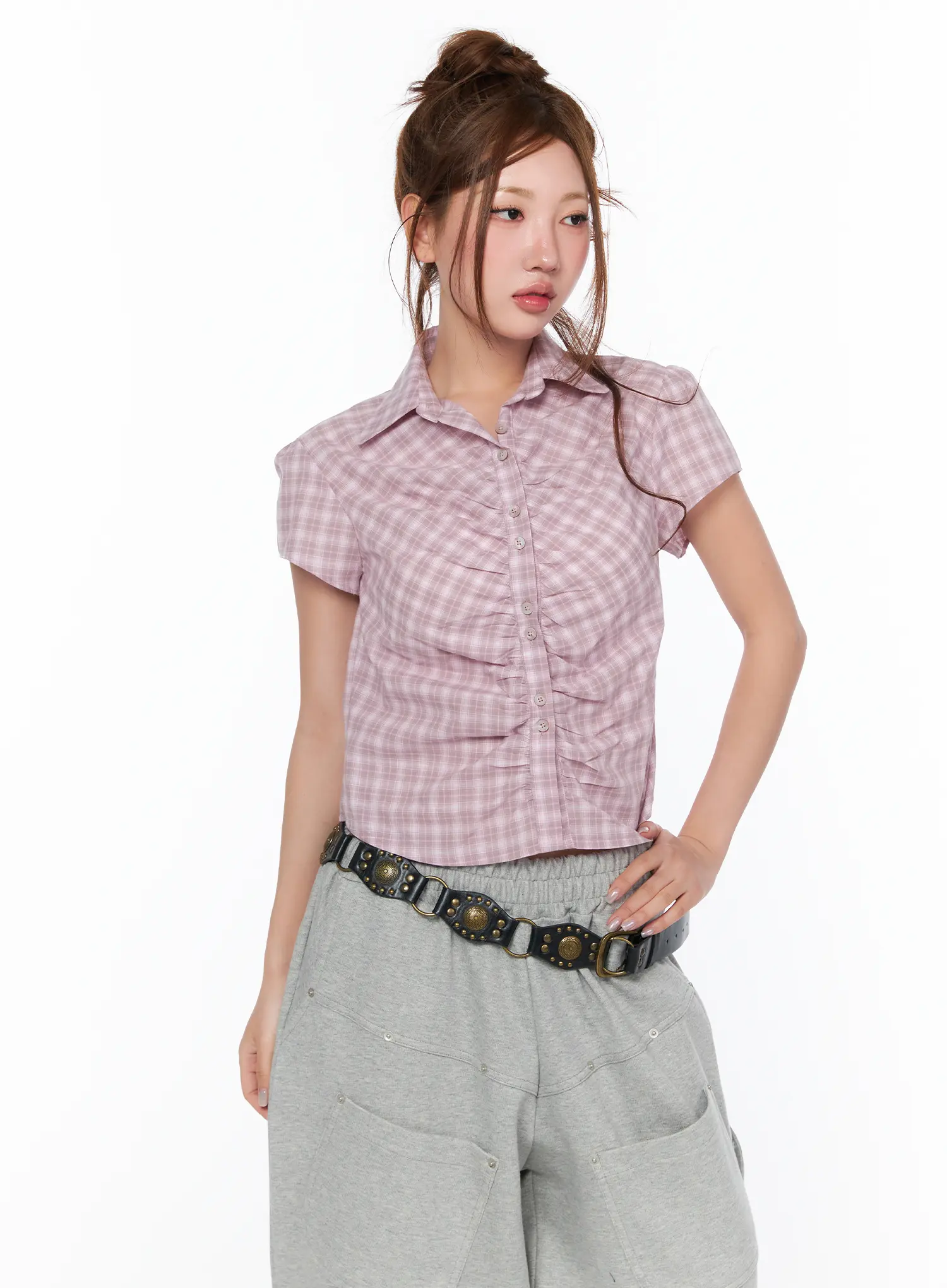 Plaid Shirred Short Sleeve Shirt CA515