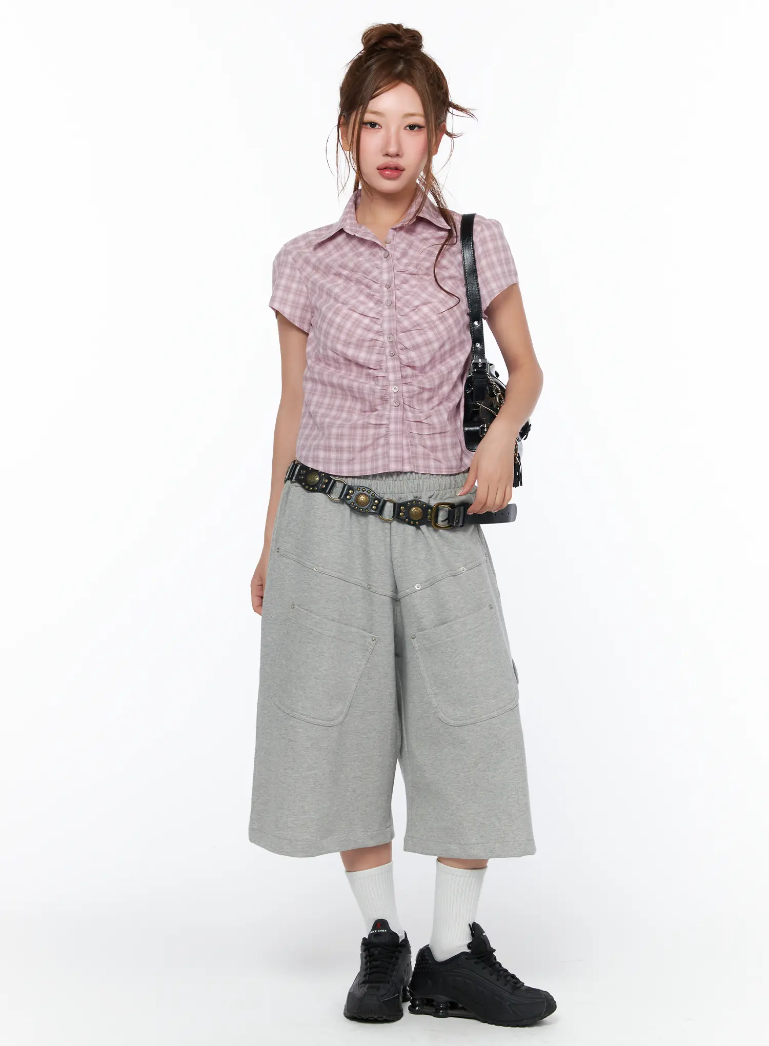 Plaid Shirred Short Sleeve Shirt CA515 - Image 3