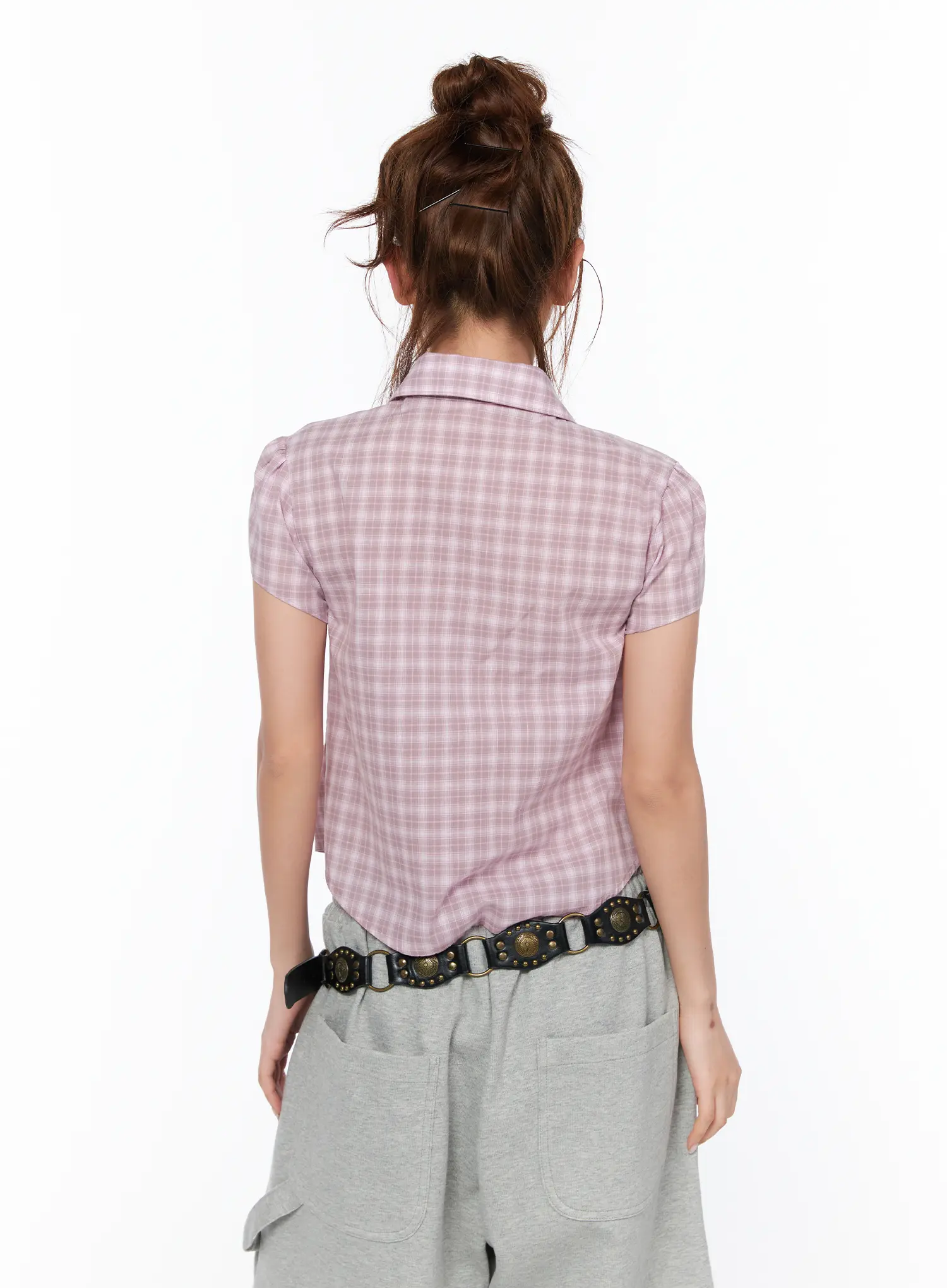 Plaid Shirred Short Sleeve Shirt CA515 - Image 7