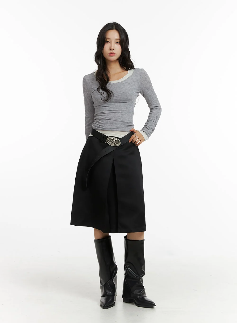 Pleated Mid-Length Solid Skirt CJ417 - Image 2