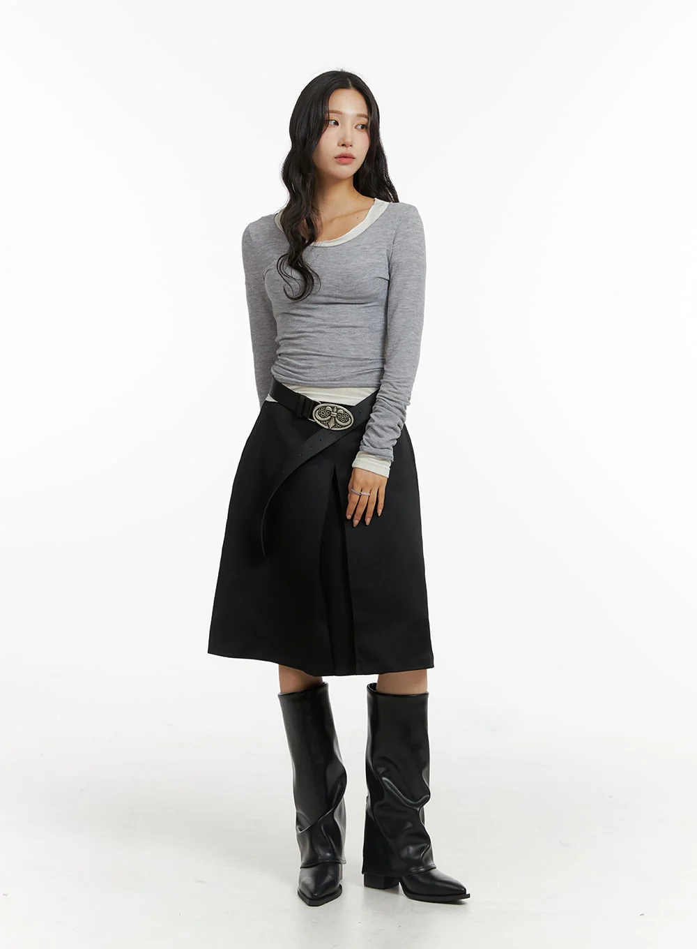Pleated Mid-Length Solid Skirt CJ417 - Image 6