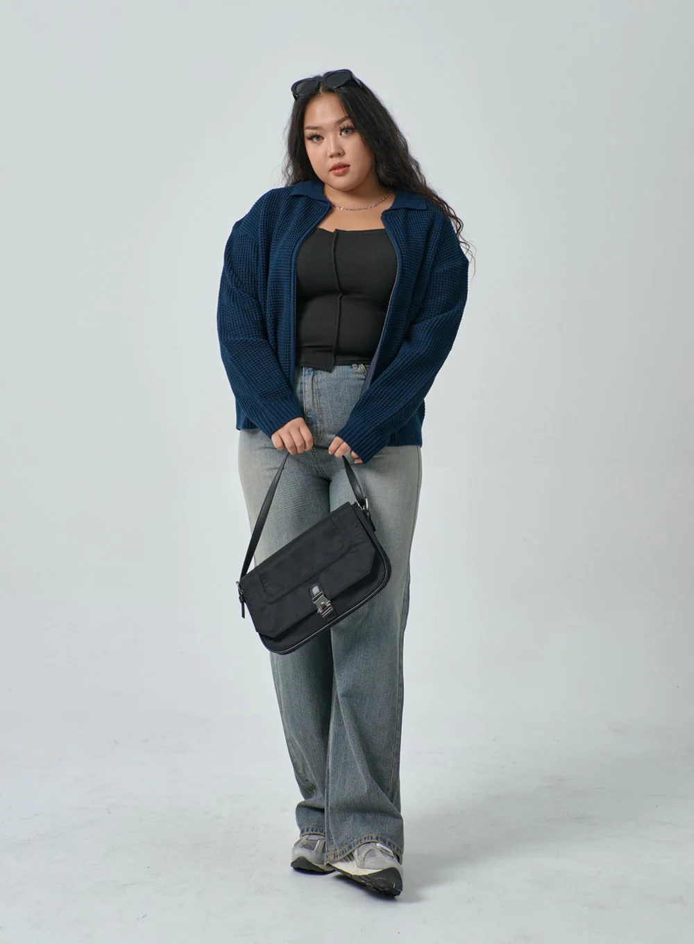 Plus Waffle Pattern Collared Two Way Zip-Up Knit - Image 3