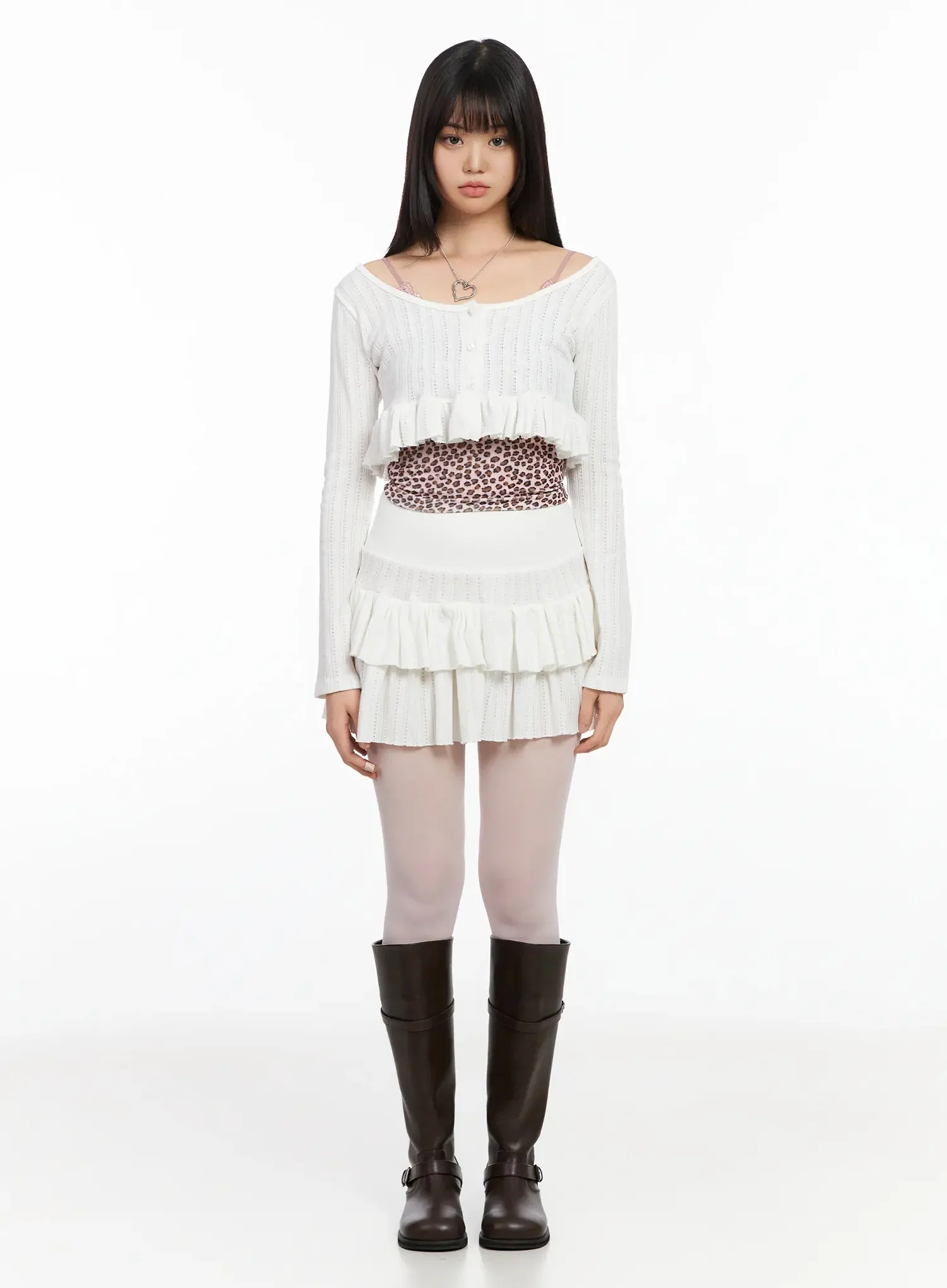 Pointelle Layered Ruffle Crop Cardigan IA523 - Image 9