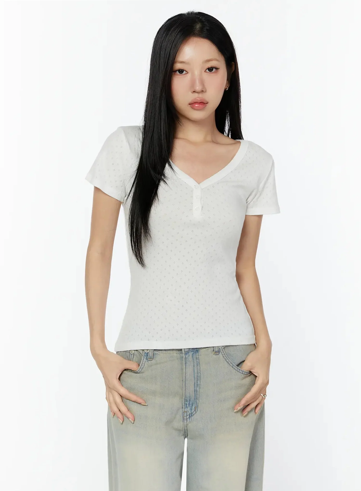 Pointelle Slim Henley V-Neck Tee IU524 - Image 2