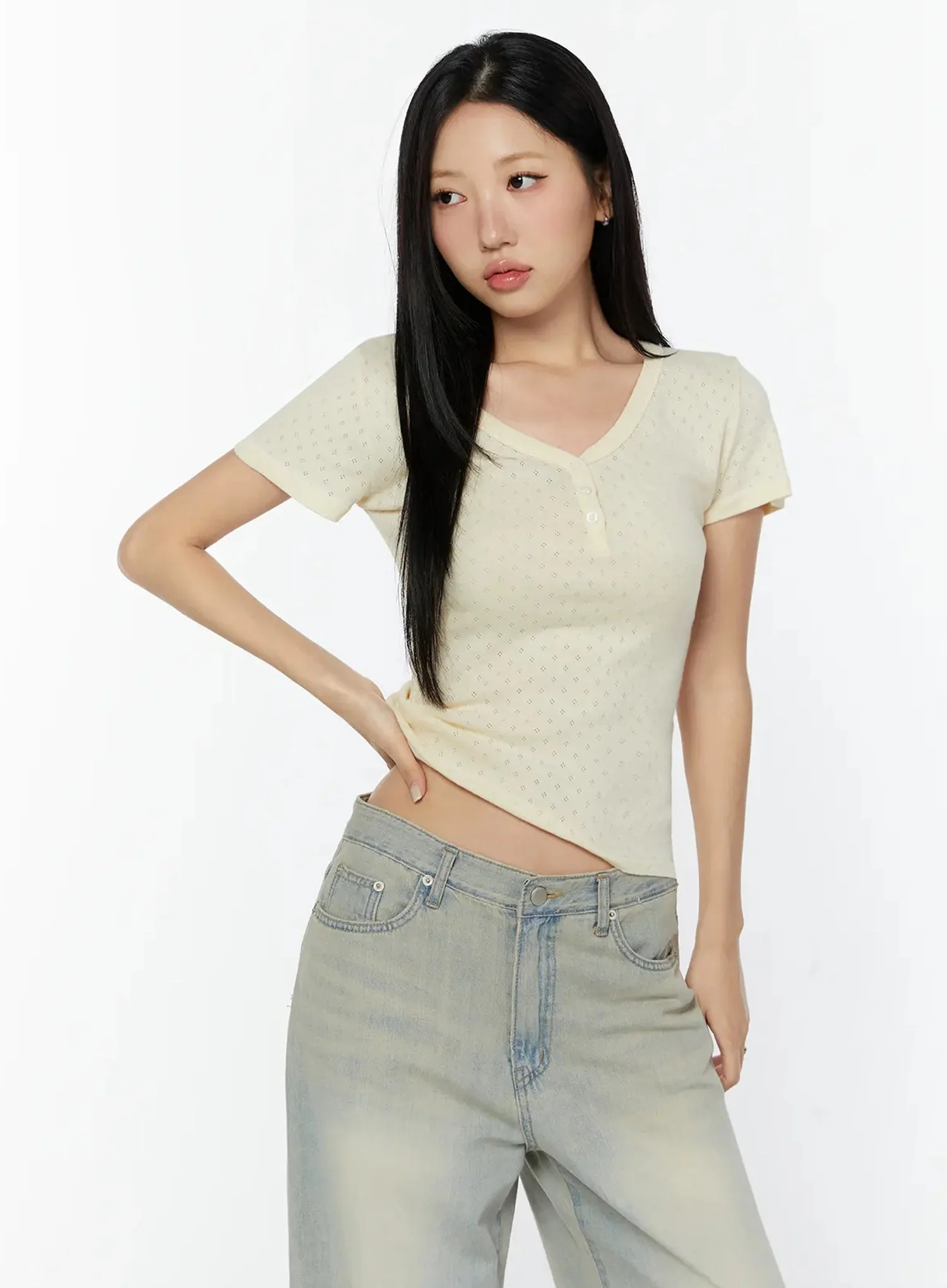 Pointelle Slim Henley V-Neck Tee IU524 - Image 7