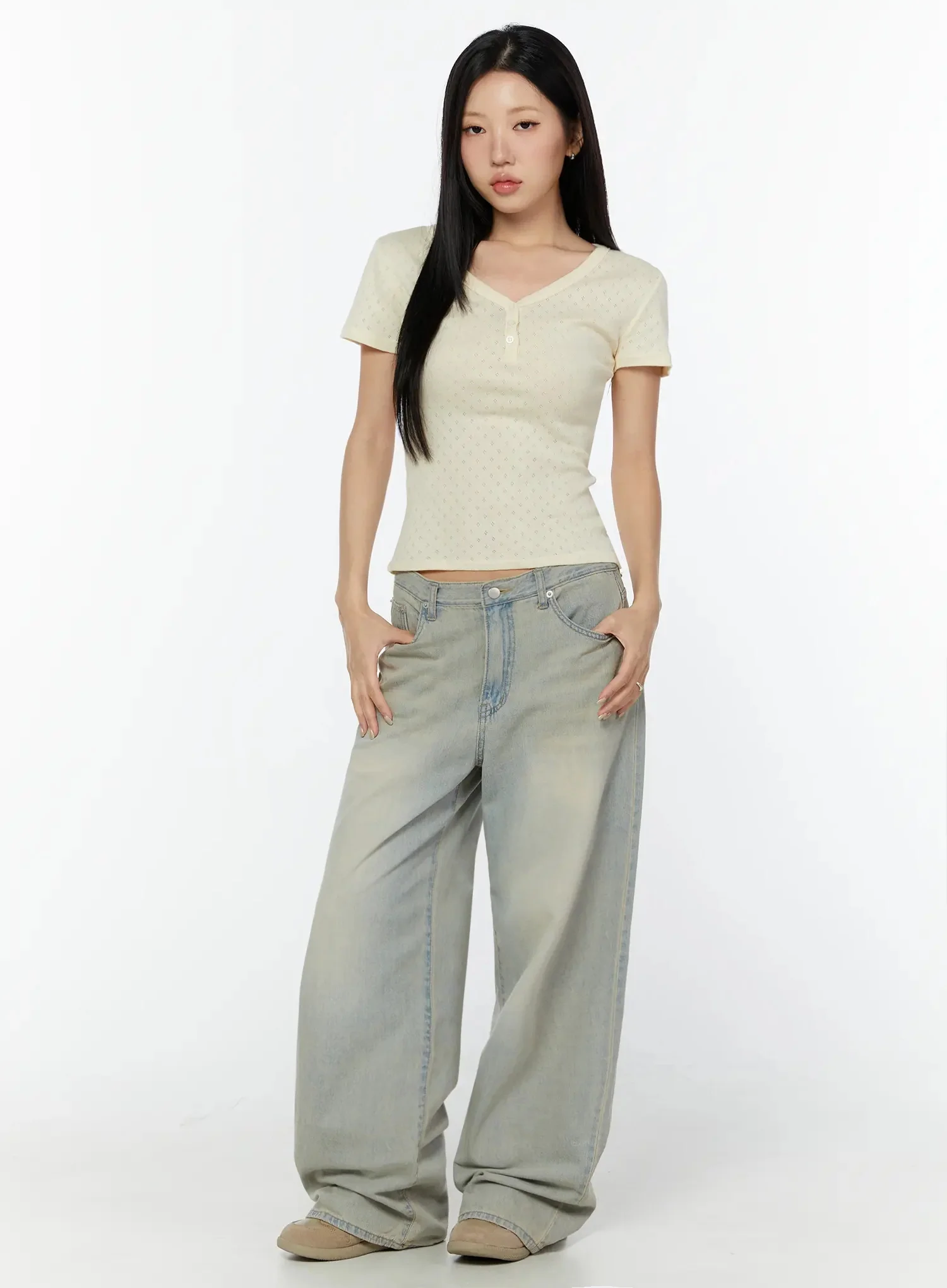 Pointelle Slim Henley V-Neck Tee IU524 - Image 9