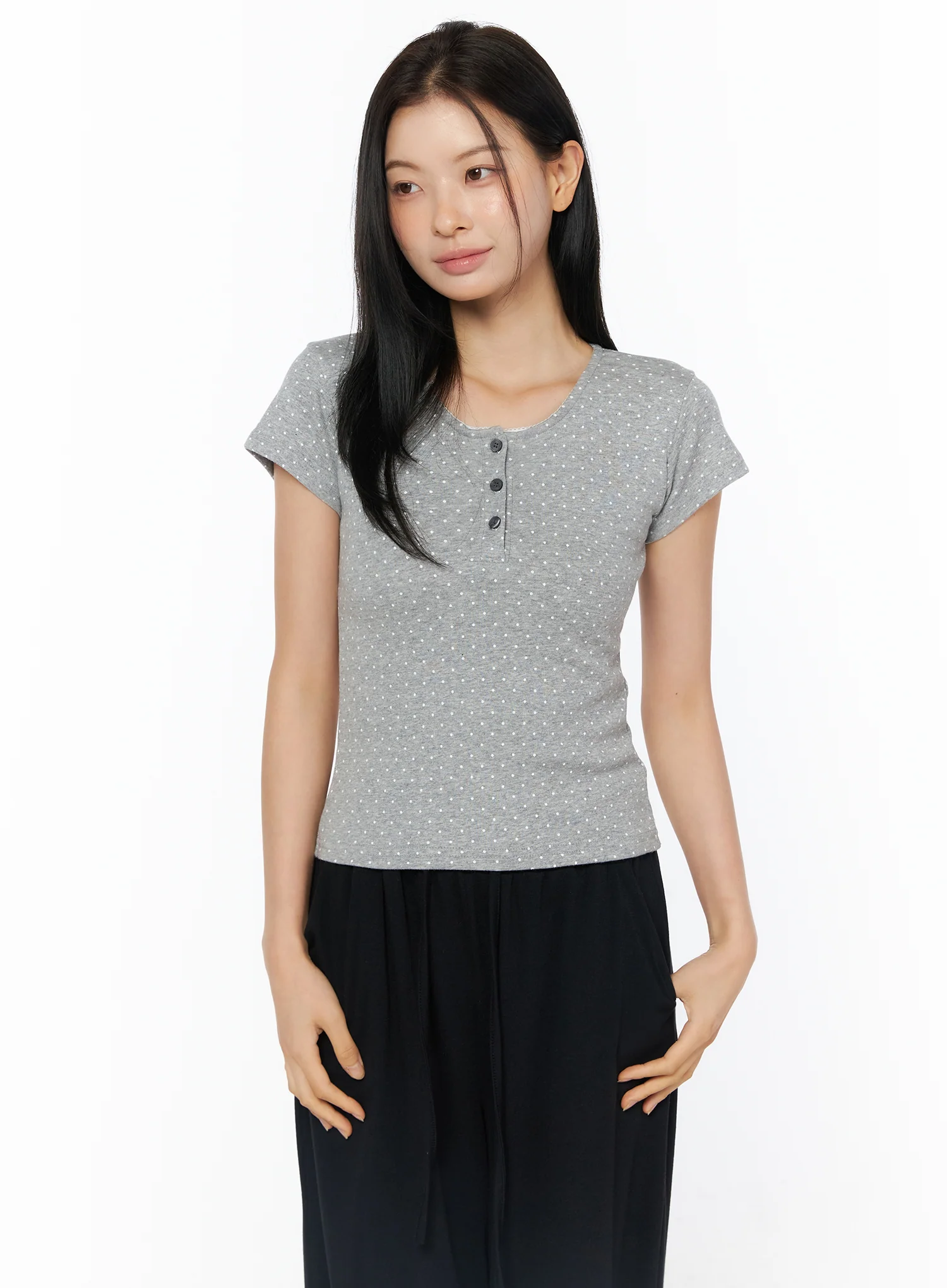 Polka Dot Lace Trim Henley Tee IU519 - Image 10