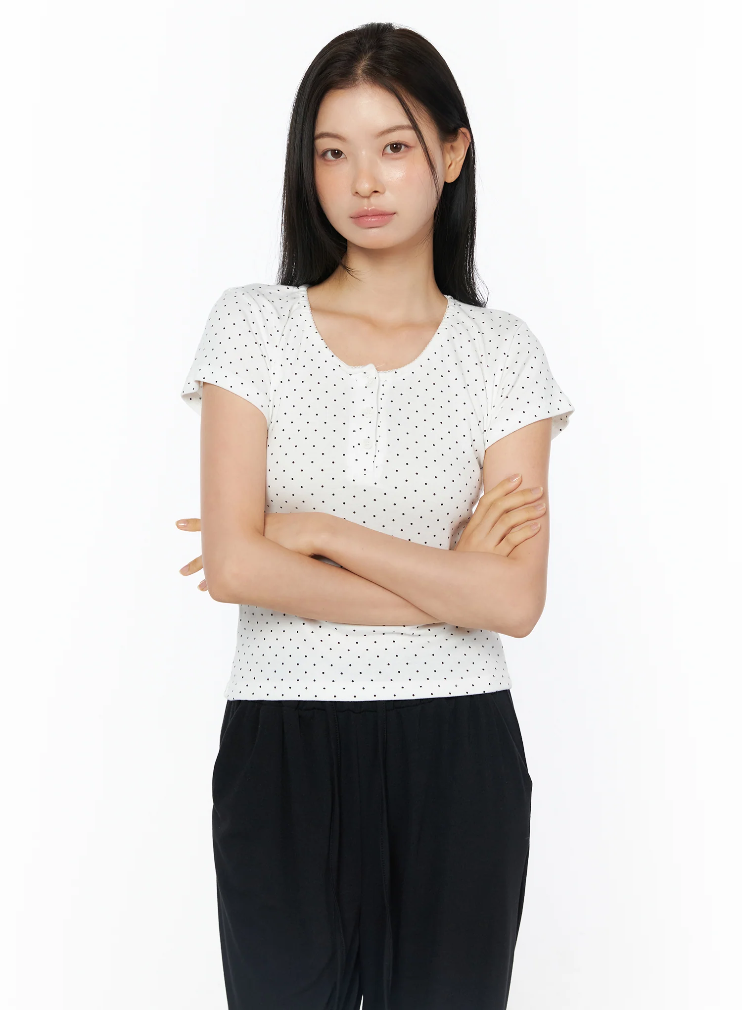 Polka Dot Lace Trim Henley Tee IU519 - Image 11