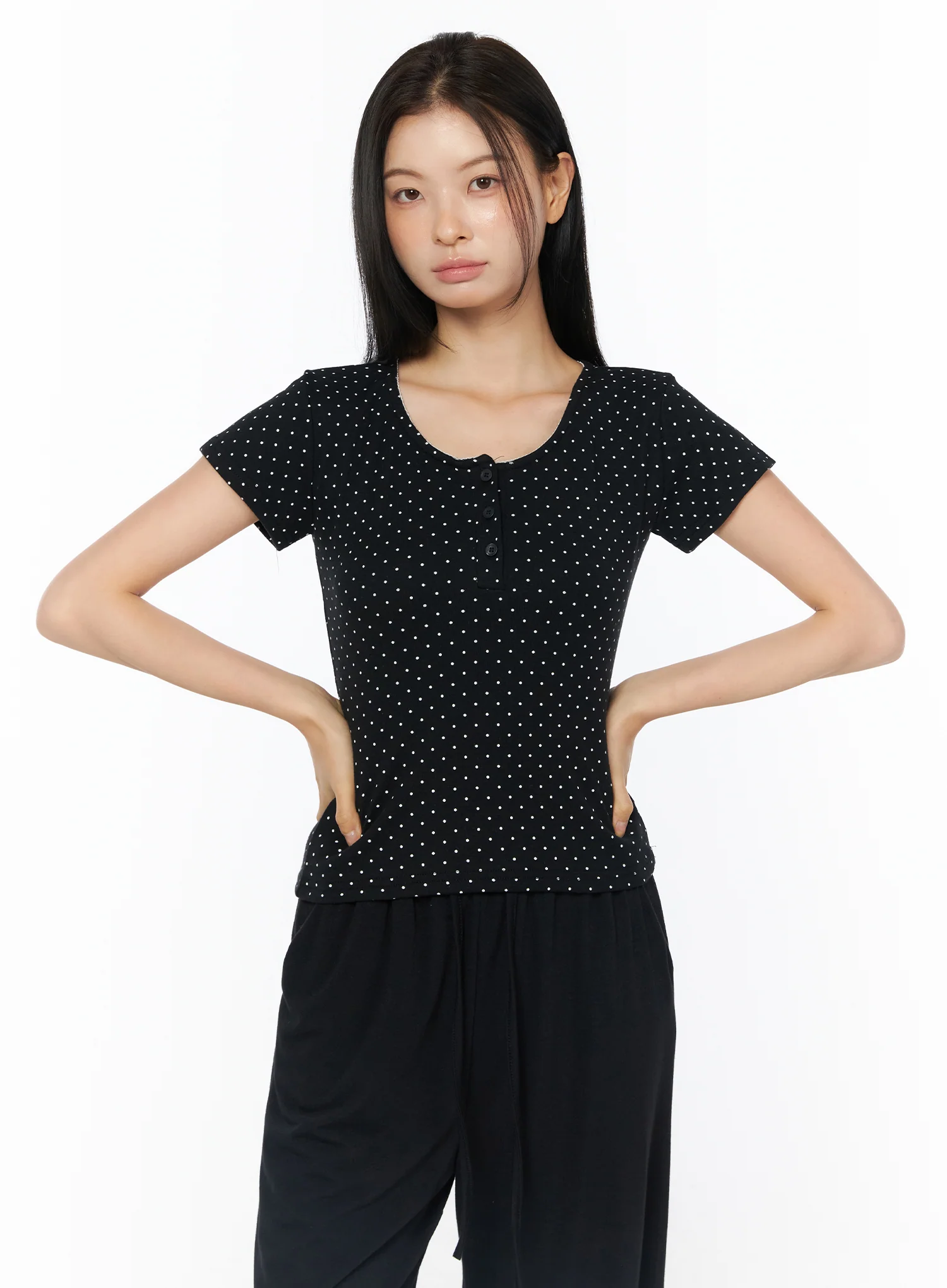 Polka Dot Lace Trim Henley Tee IU519 - Image 12