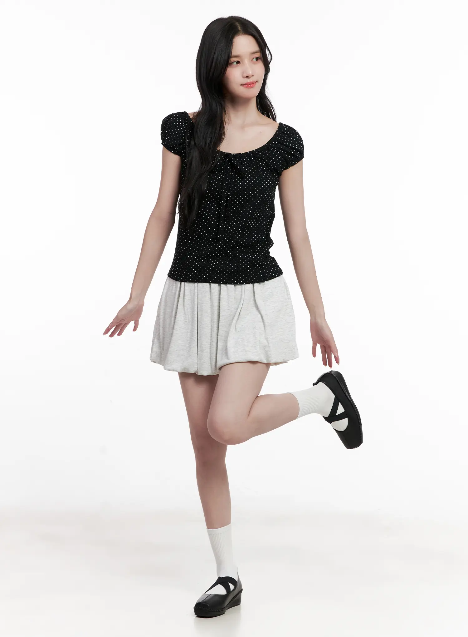 Polka Dot Puff-Sleeve Ribbon Top CL516 - Image 3
