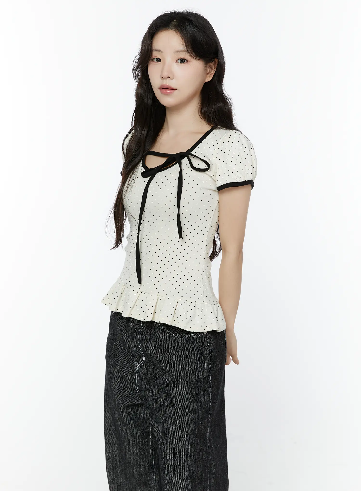 Polka Dot Puff Sleeve Ribbon Top IY507 - Image 5