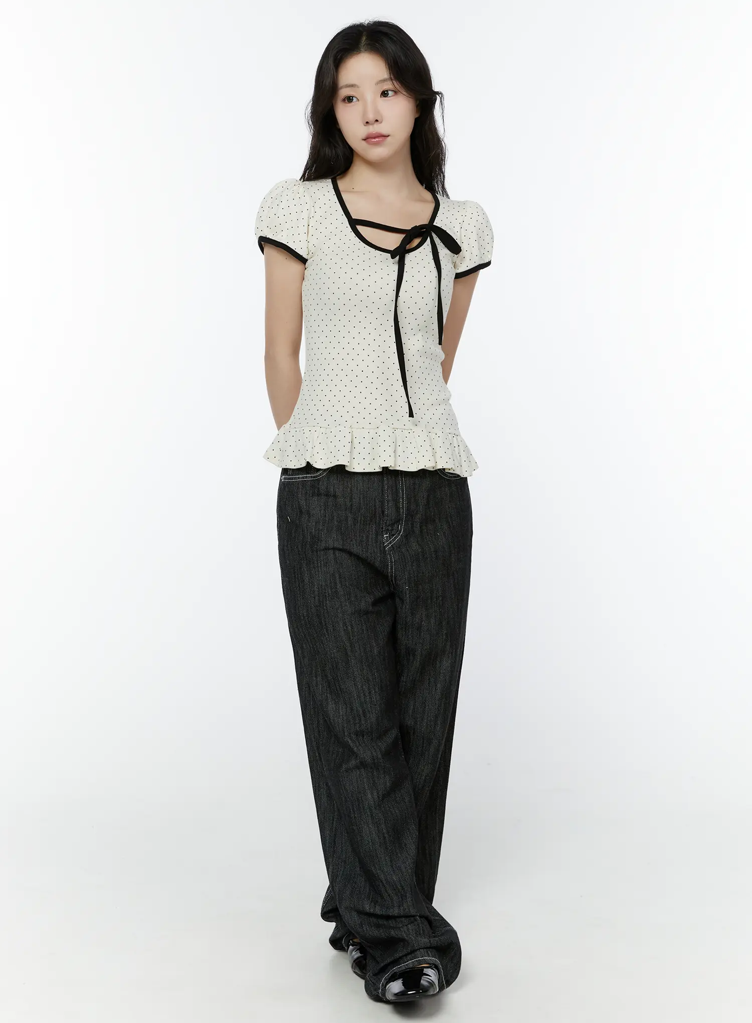 Polka Dot Puff Sleeve Ribbon Top IY507 - Image 7