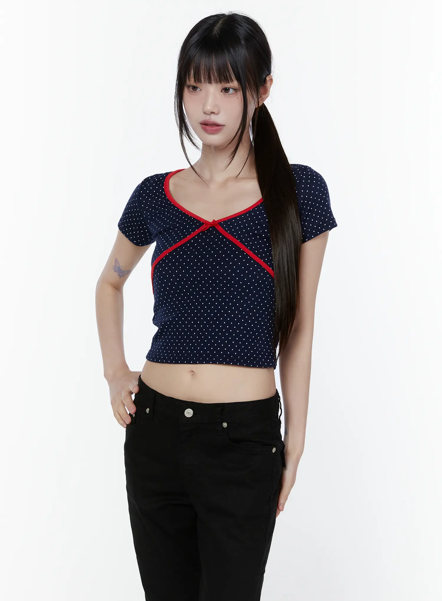 Polka Dot Ribbon V-Neck Tee CU508 - Image 2