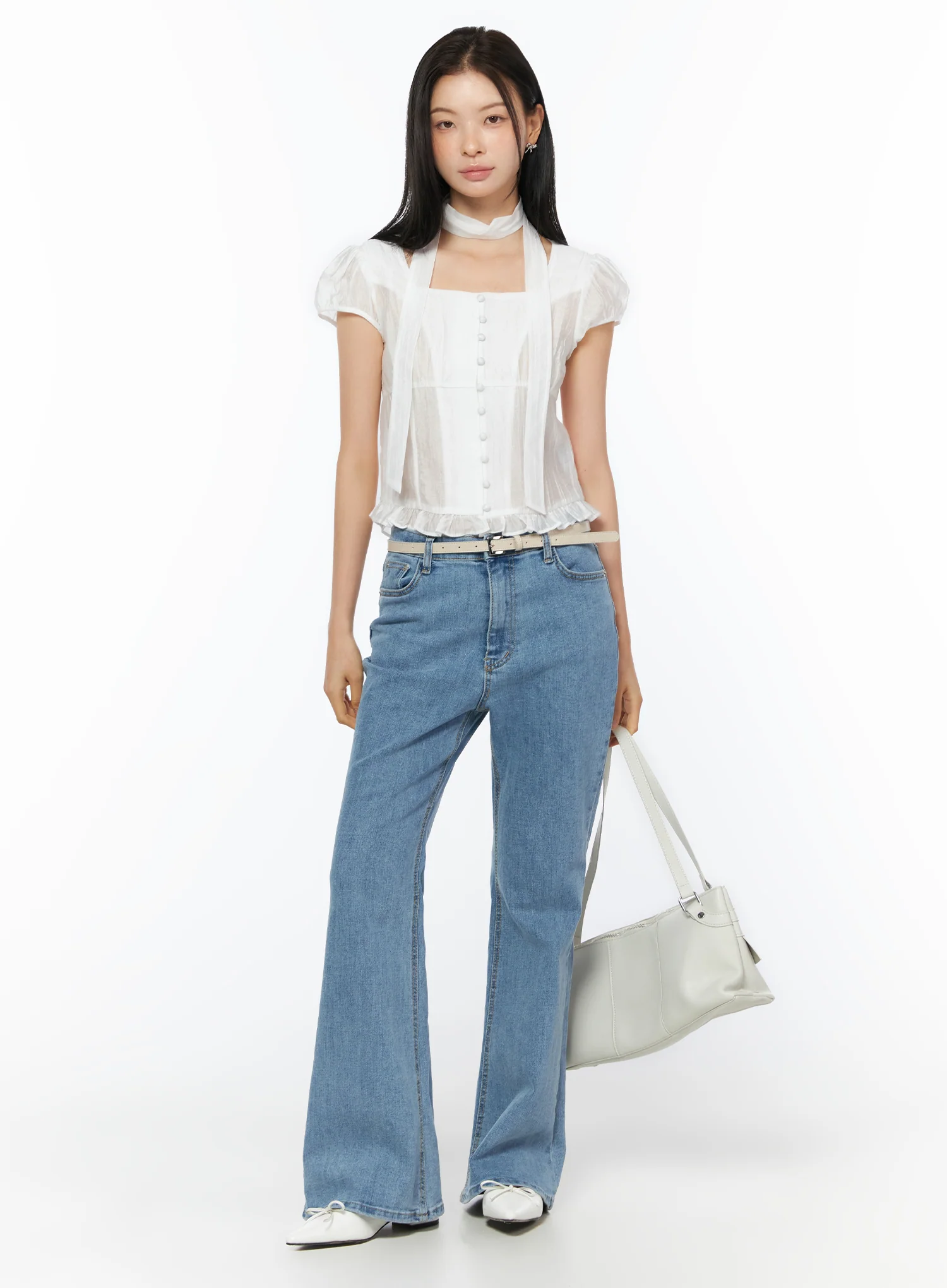 Puff Sleeve Shirred Blouse with Scarf IU519 - Image 10