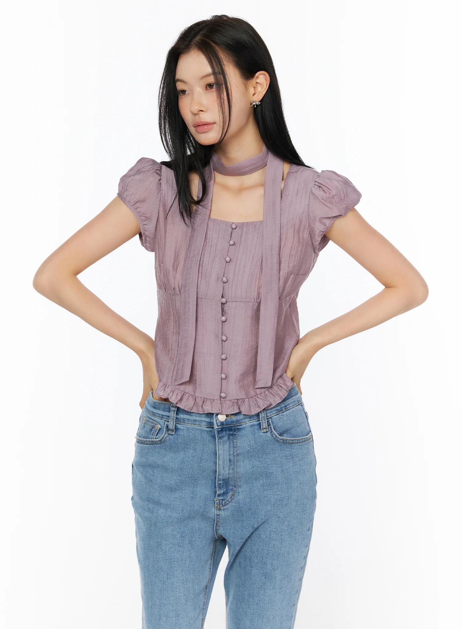 Puff Sleeve Shirred Blouse with Scarf IU519 - Image 12