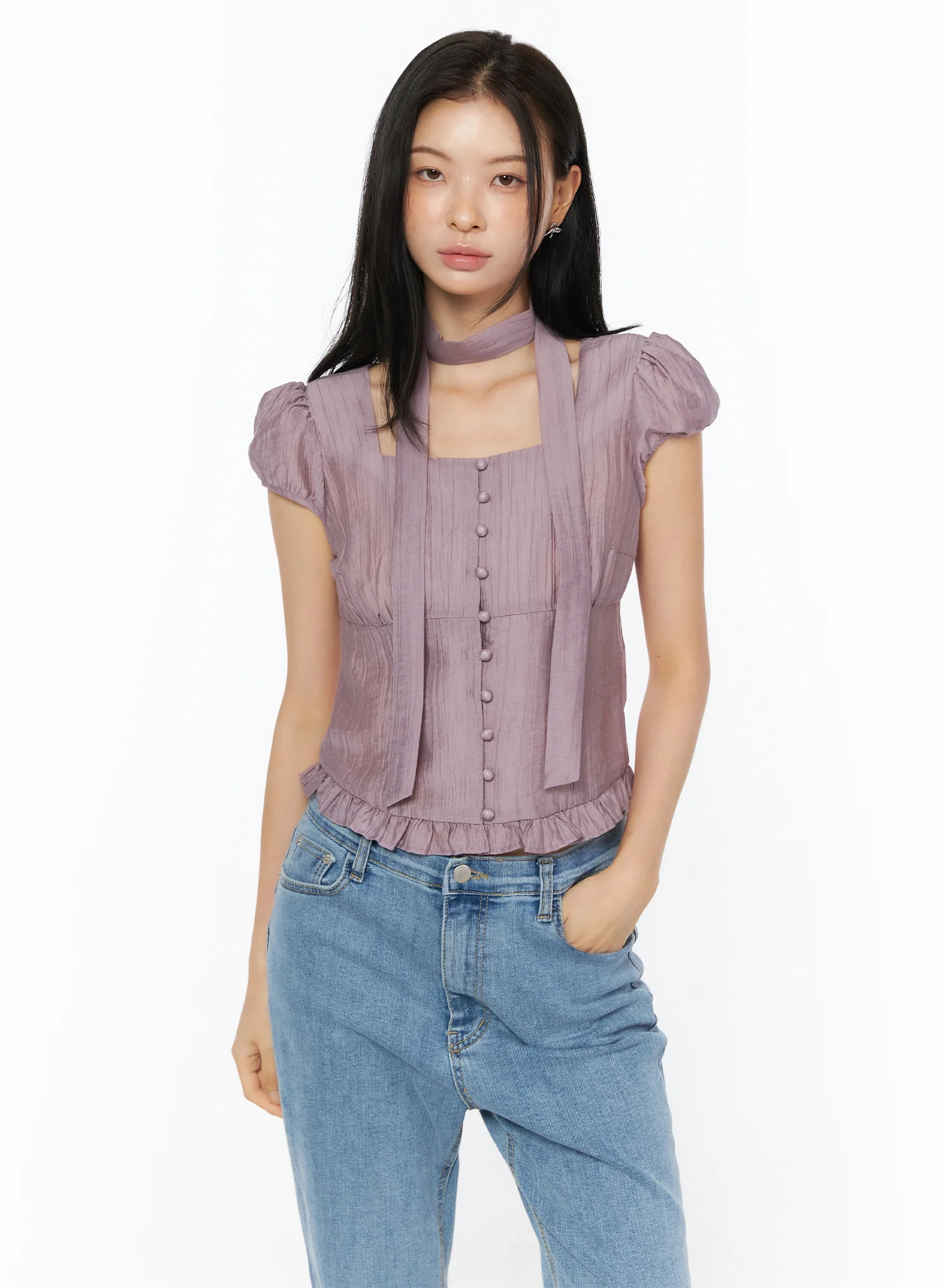Puff Sleeve Shirred Blouse with Scarf IU519 - Image 2