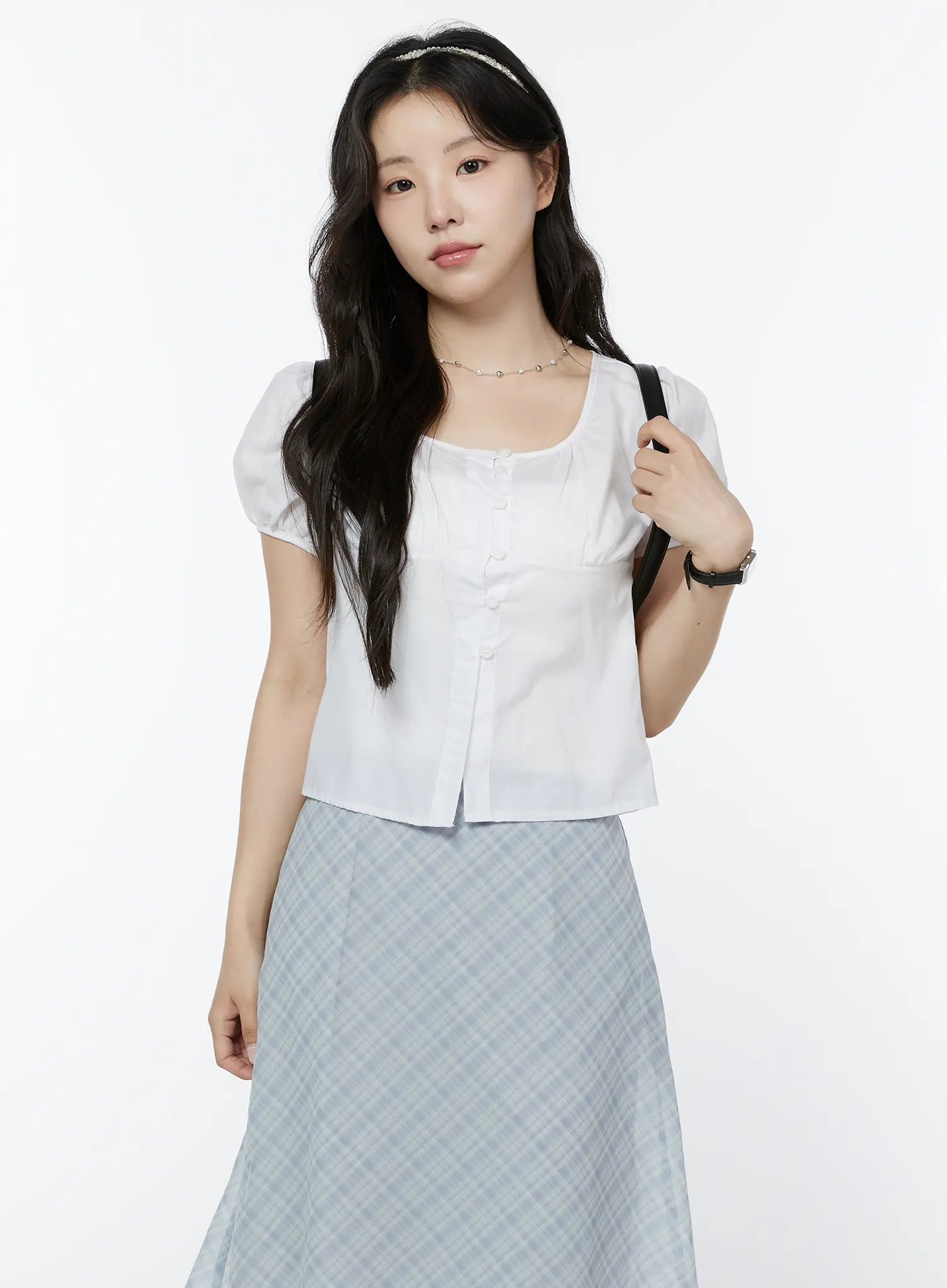 Puff Sleeve Shirred Button Blouse IY507