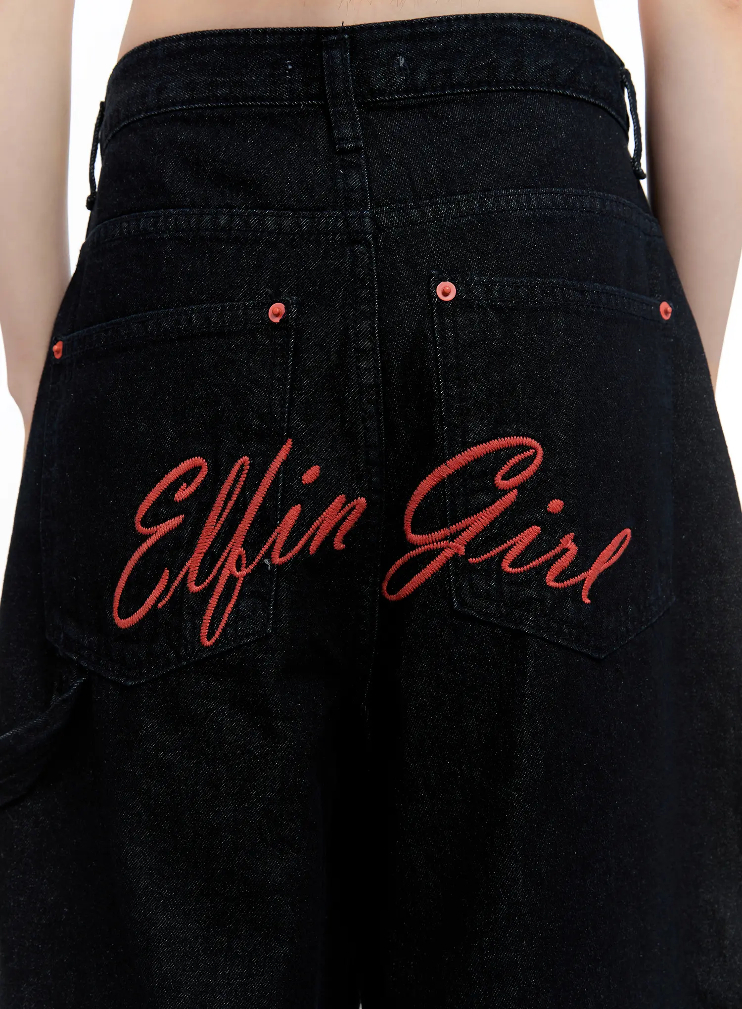 Red Text Graphic Embroidered Jorts CL504 - Image 6