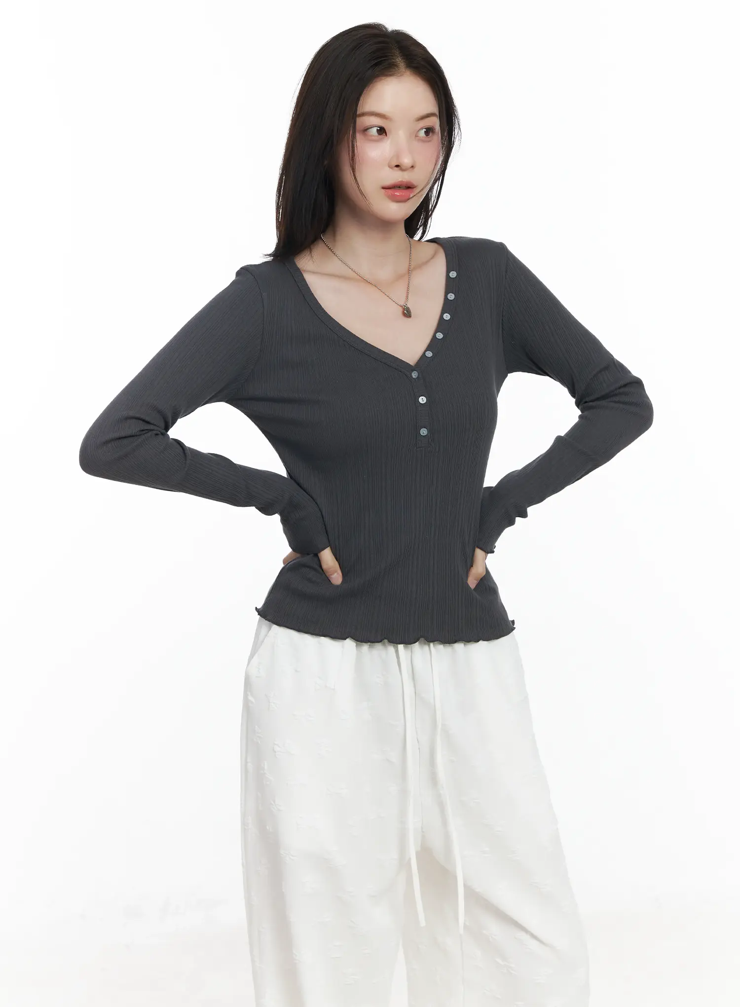 Ribbed Button V-Neck Long Sleeve Top IF525 - Image 12