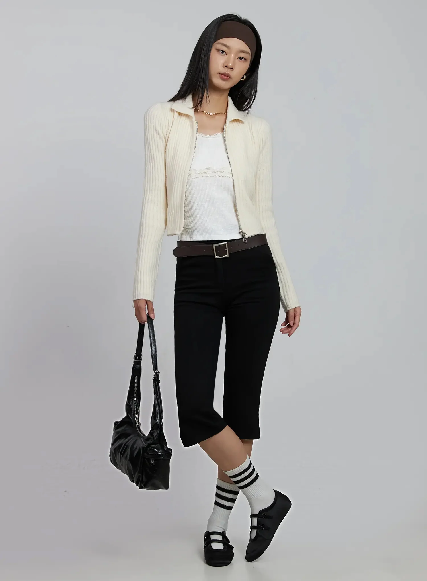 Ribbed Knit Collared Zip-Up IM520