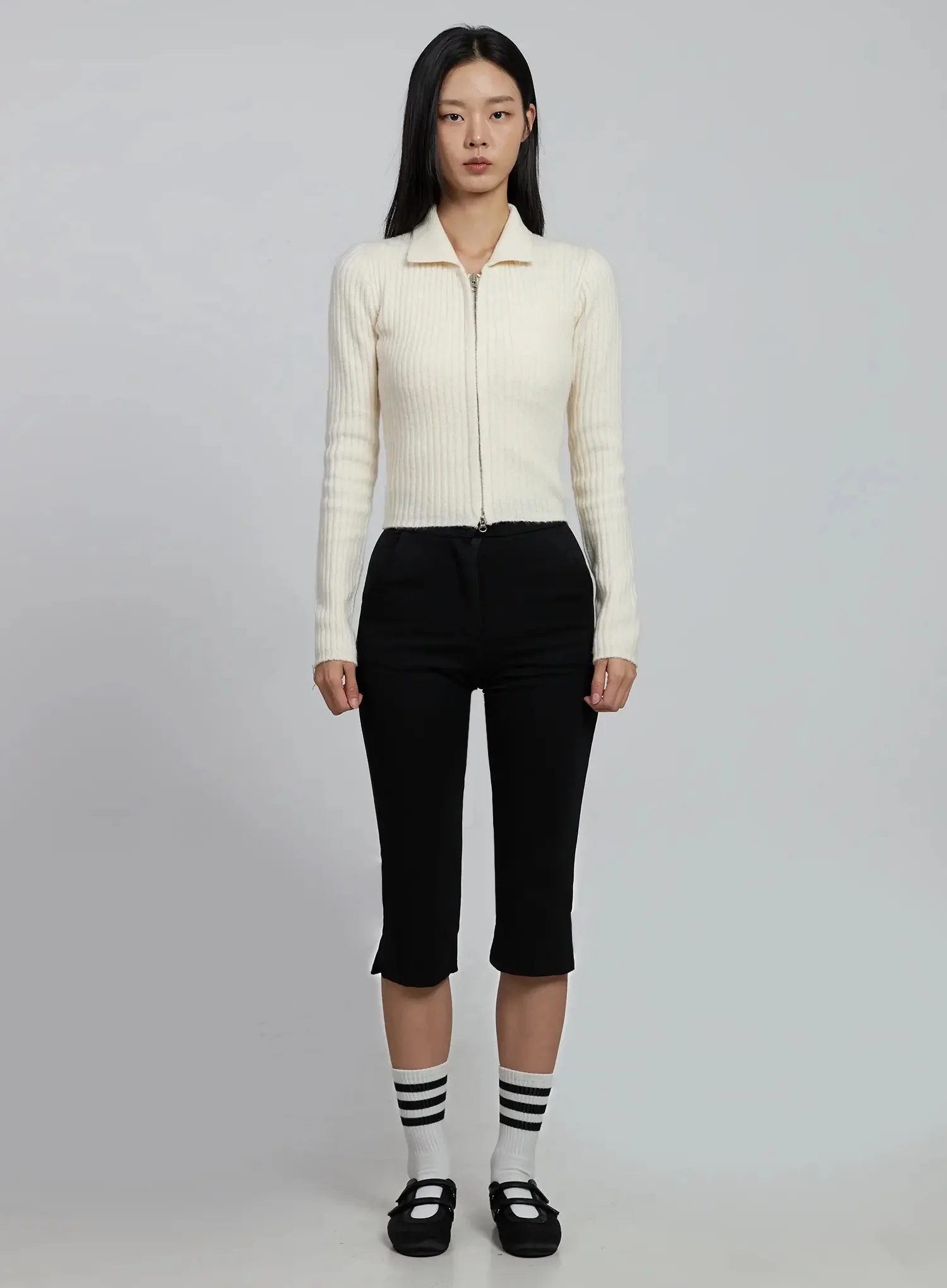 Ribbed Knit Collared Zip-Up IM520 - Image 5