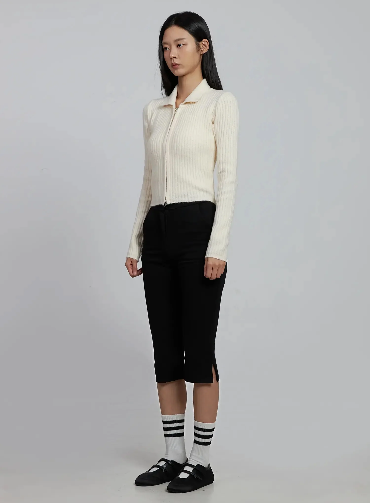 Ribbed Knit Collared Zip-Up IM520 - Image 6