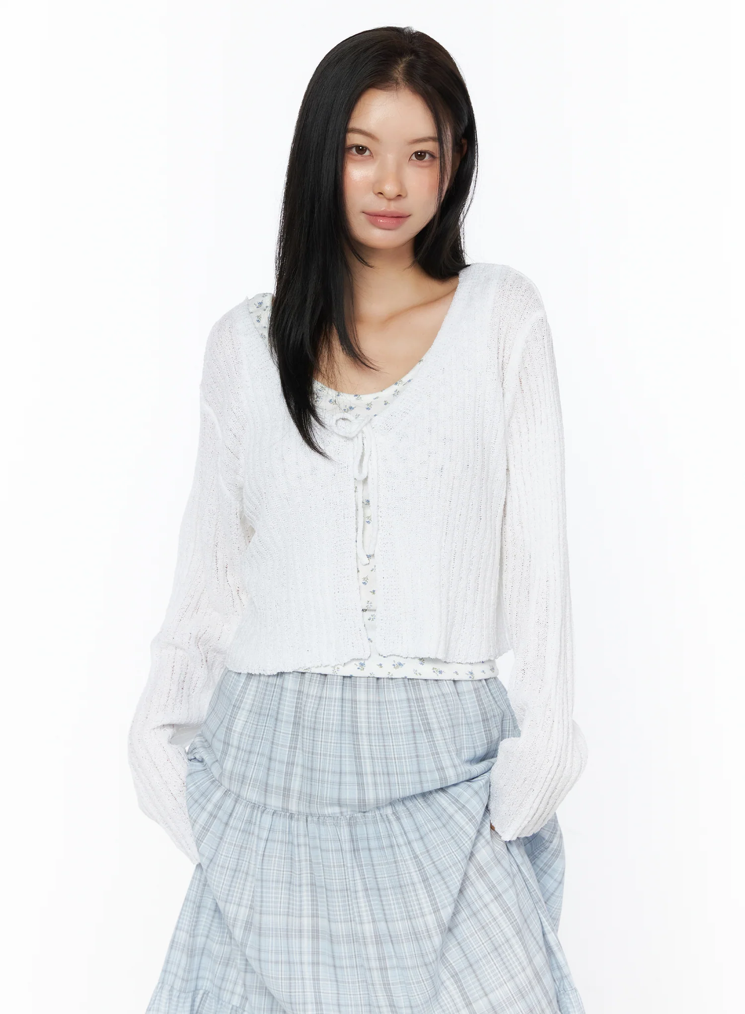 Ribbed Knit Ribbon Bolero Cardigan IU519