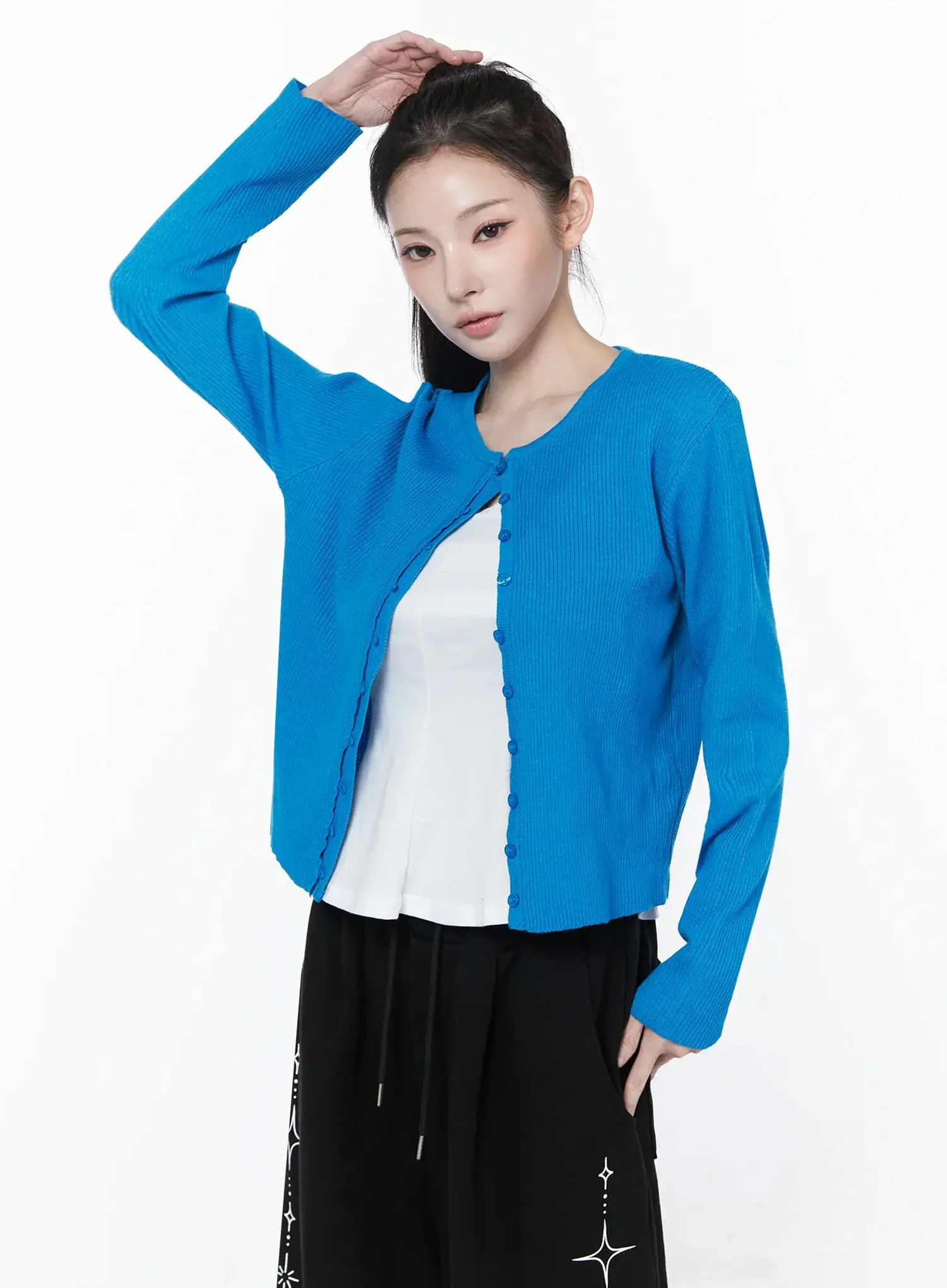 Ribbed Knit Round Neck Cardigan IY515 - Image 7