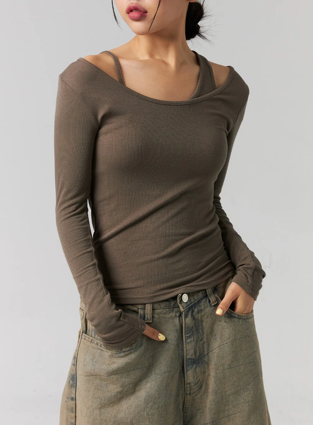 Ribbed Layered Cami and Long Sleeve Top CG316 - Image 2