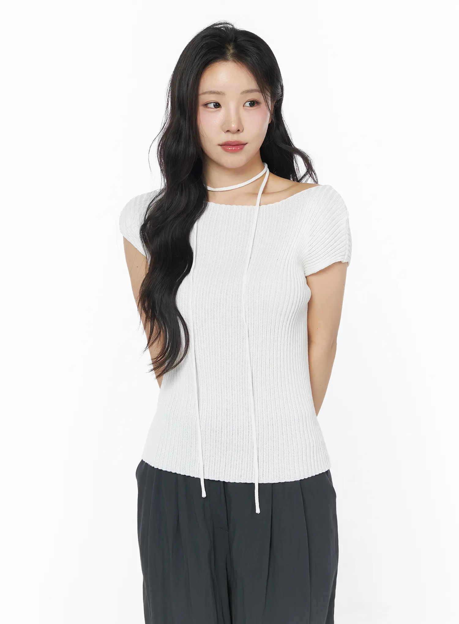 Ribbed Off-Shoulder Knit Top and Scarf Set CD805 - Image 2
