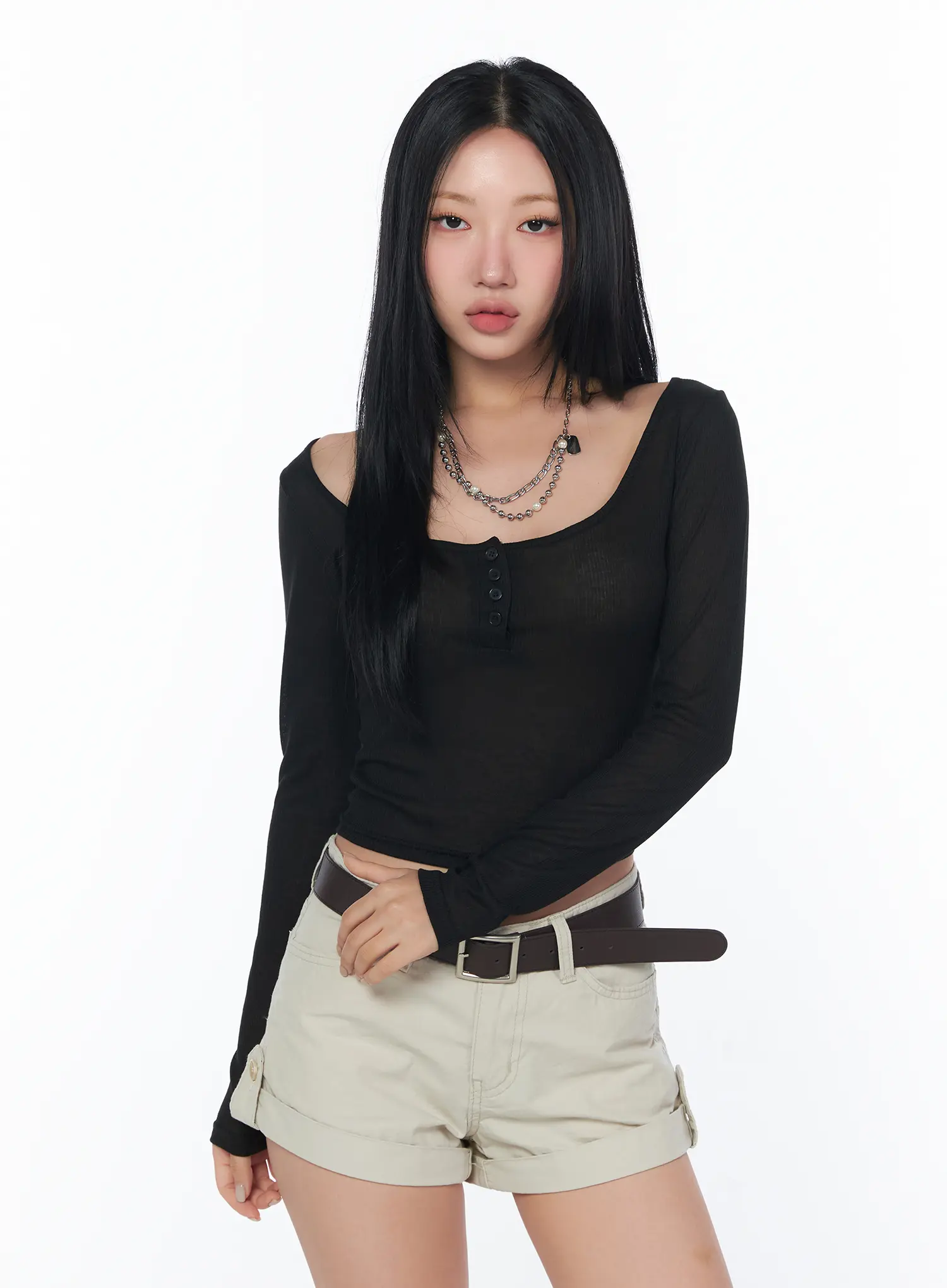 Ribbed Sheer Button Long Sleeve Tee CY512 - Image 11
