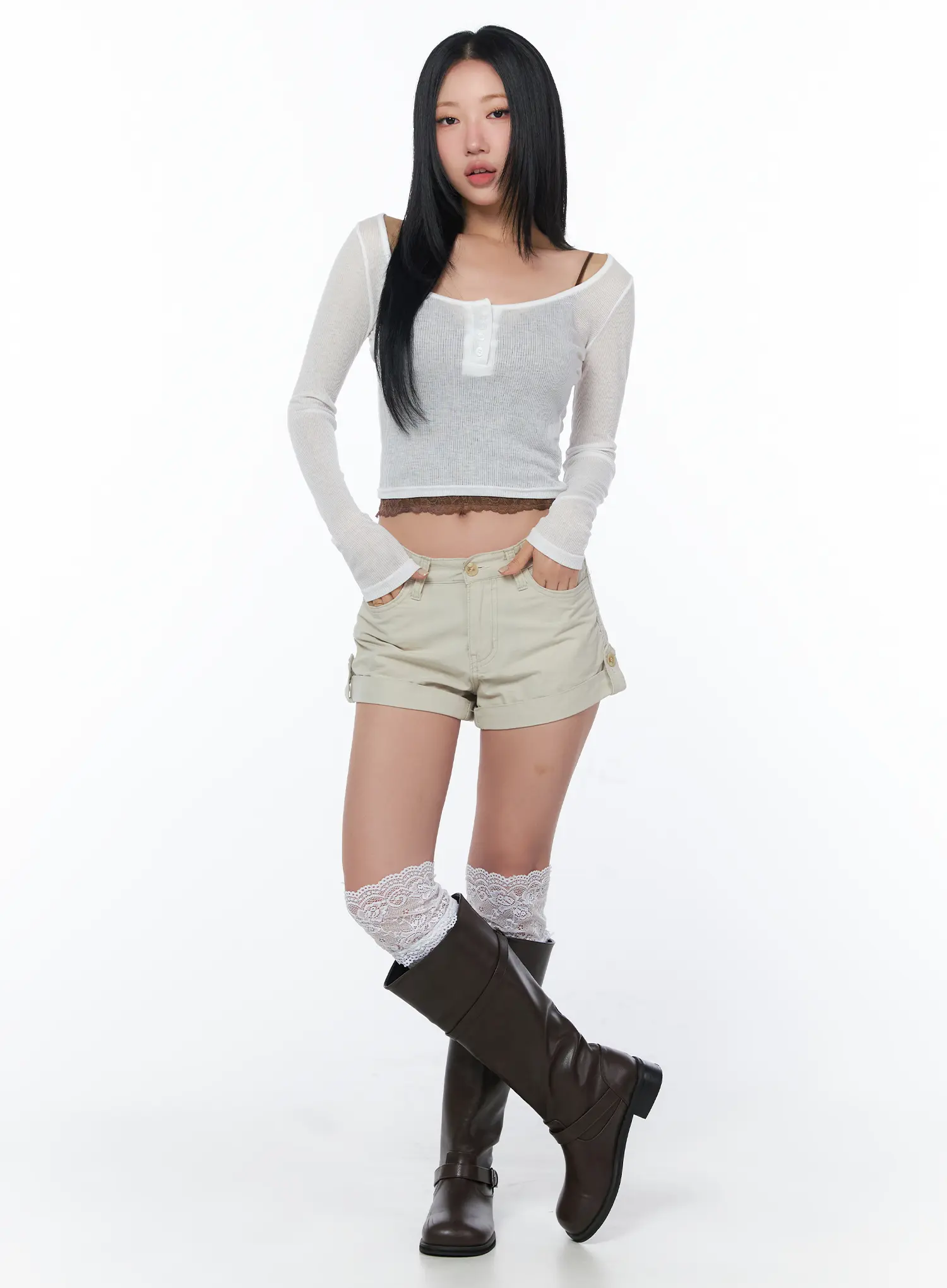 Ribbed Sheer Button Long Sleeve Tee CY512 - Image 3