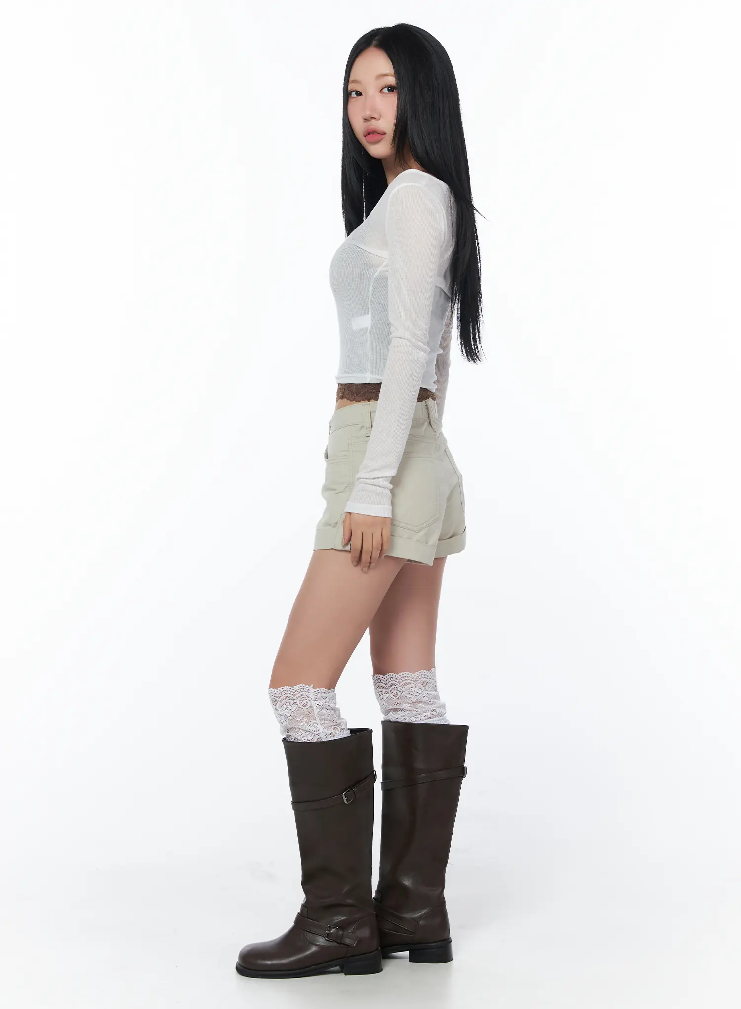 Ribbed Sheer Button Long Sleeve Tee CY512 - Image 4