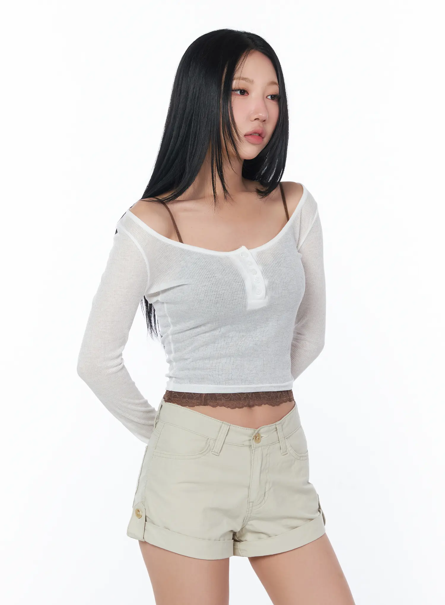 Ribbed Sheer Button Long Sleeve Tee CY512 - Image 9