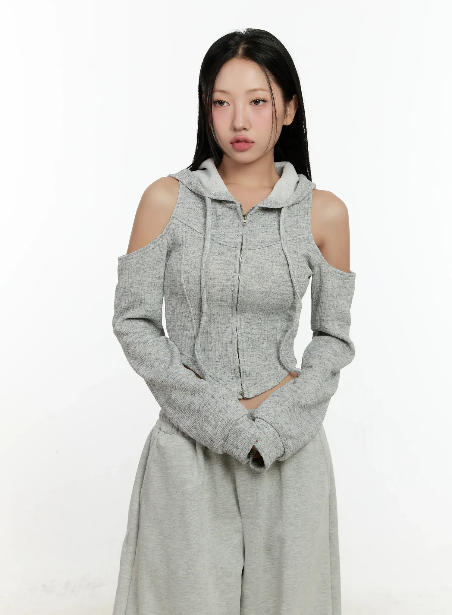 Ribbed Shoulder Cut-Out Hoodie CN506 - Image 10