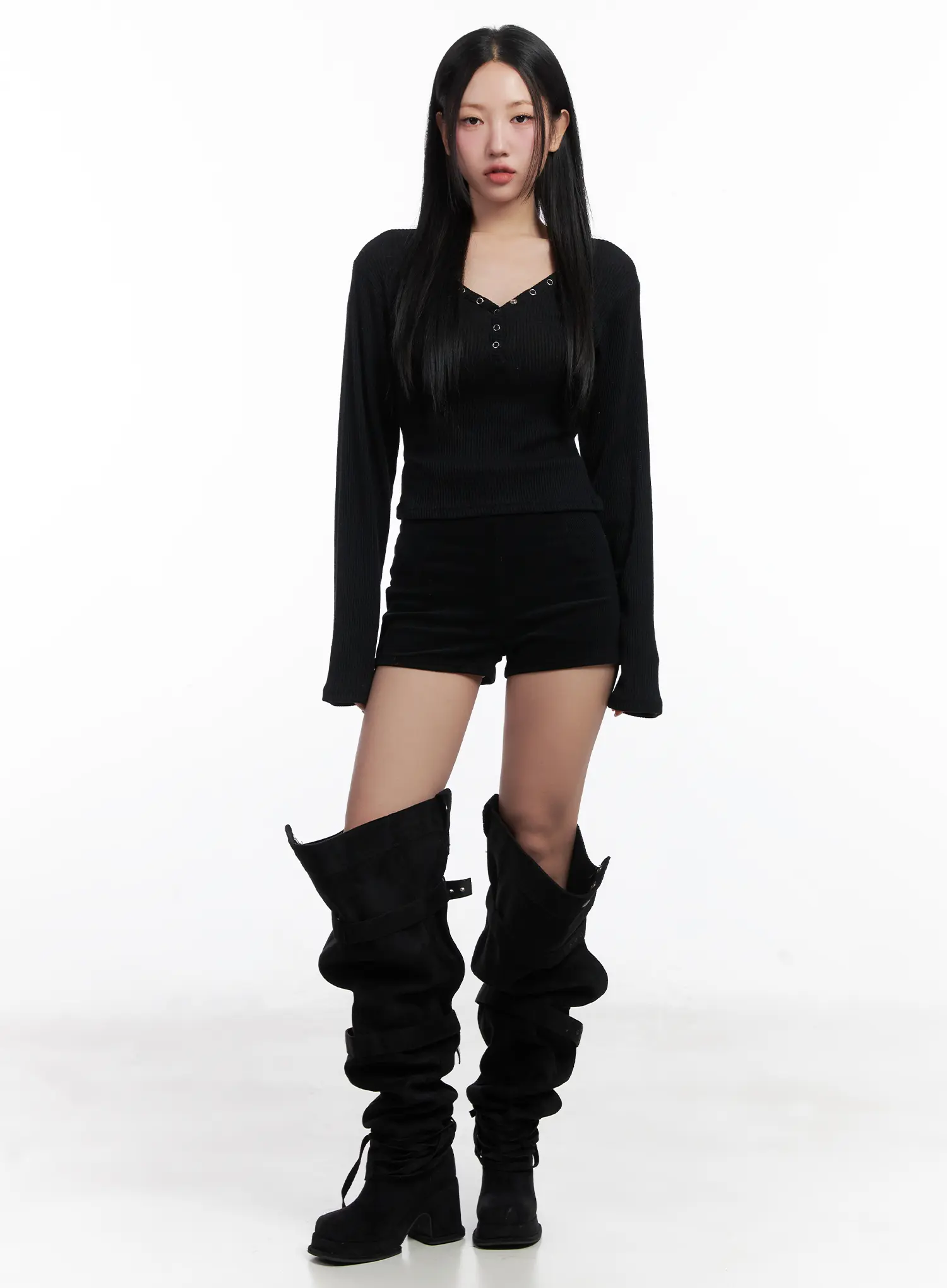 Ribbed V-Neck Slim Long Sleeve Top CN528 - Image 3