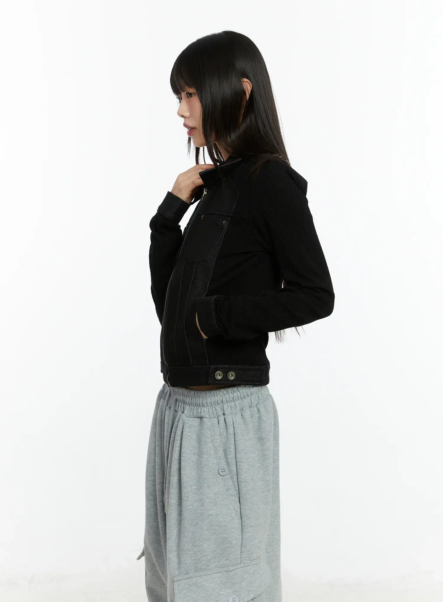 Ribbed Zip-Up Denim Jacket CF509 - Image 6