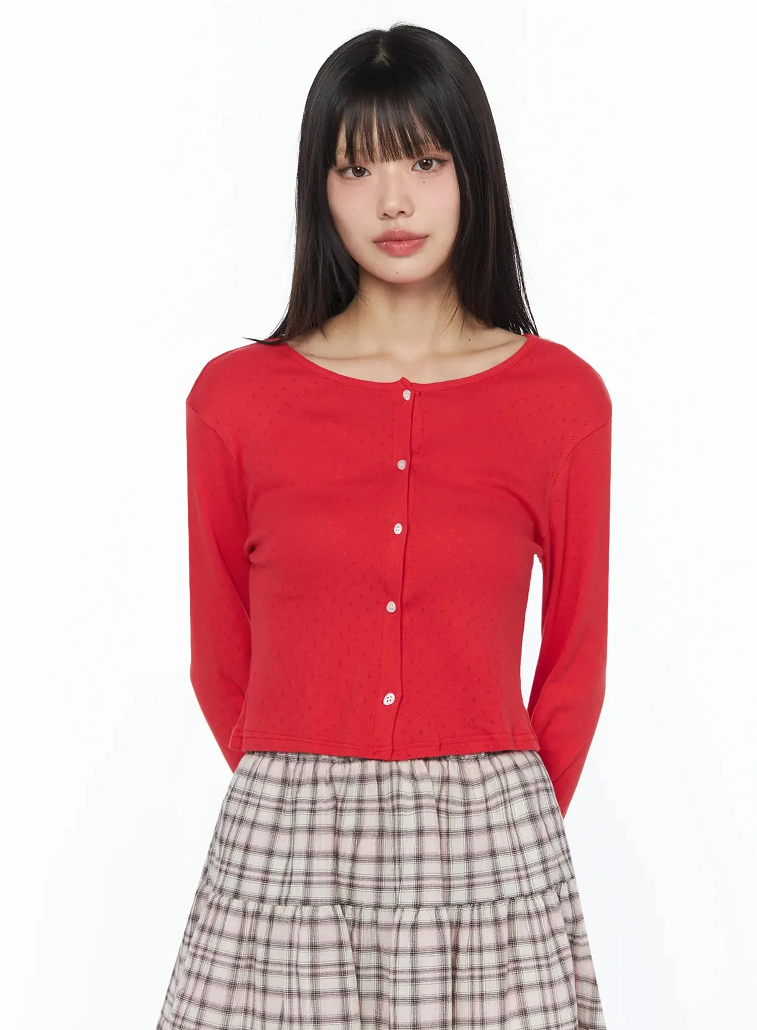 Round-Neck Eyelet Cropped Cardigan IY526 - Image 15
