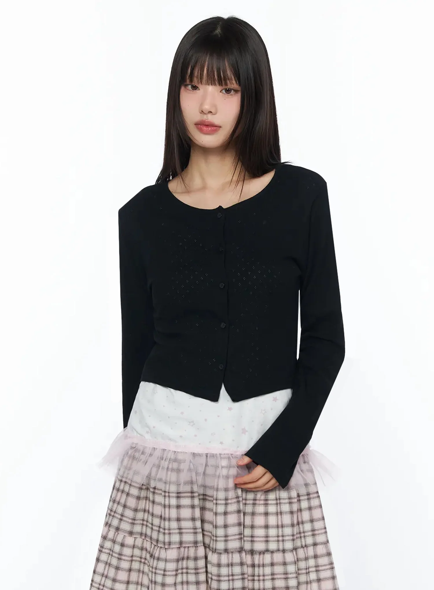 Round-Neck Eyelet Cropped Cardigan IY526 - Image 16