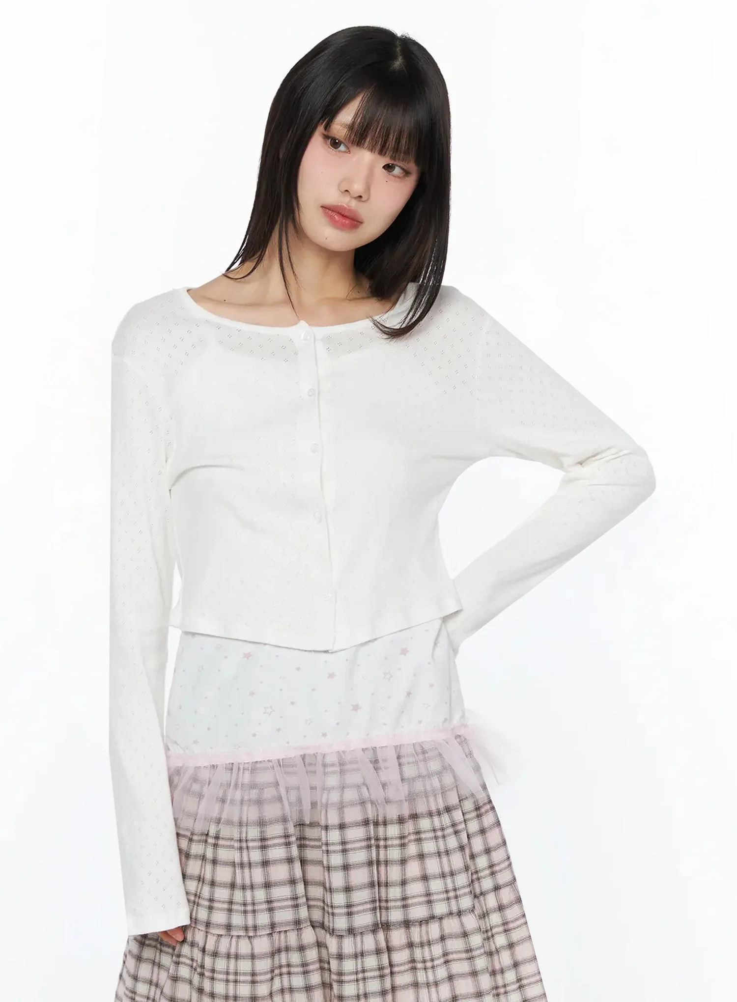 Round-Neck Eyelet Cropped Cardigan IY526 - Image 3